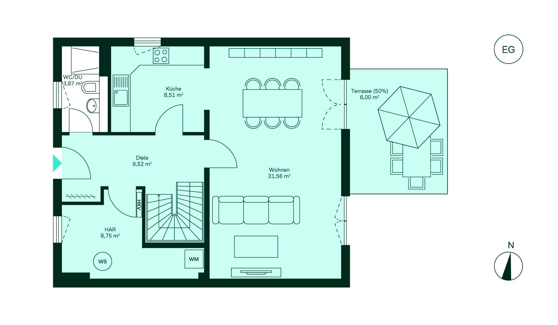 Grundriss des Erdgeschosses im Einfamilienhaus Grundriss des Erdgeschosses vom Einfamilienhaus im Neubauprojekt Ahrensfelder Obstwiesen