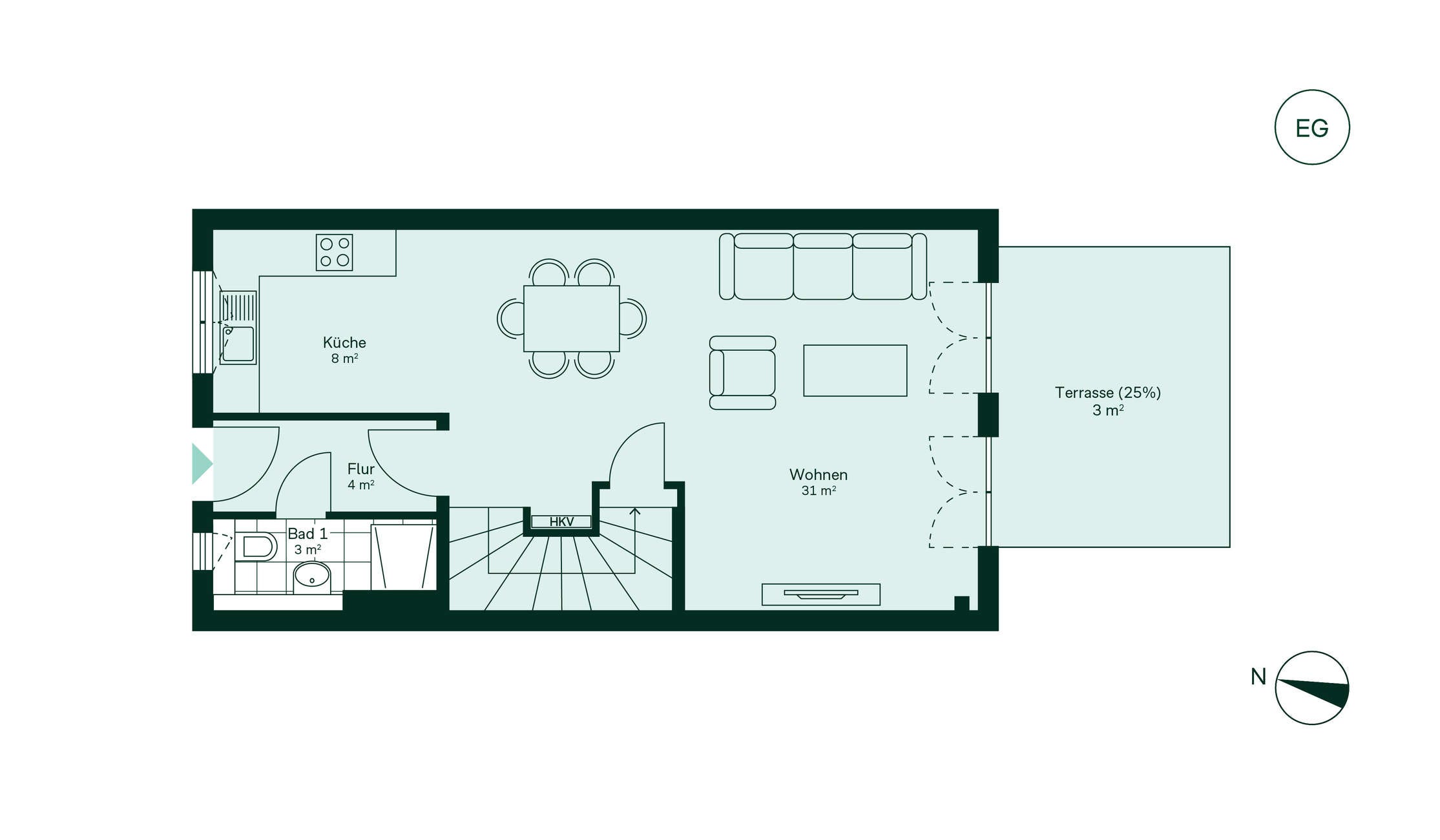 Geräumiges Erdgeschoss mit viel Stauraum Grundriss des Erdgeschosses des Doppelhaus 028 im Neubauprojekt Kirschgaerten