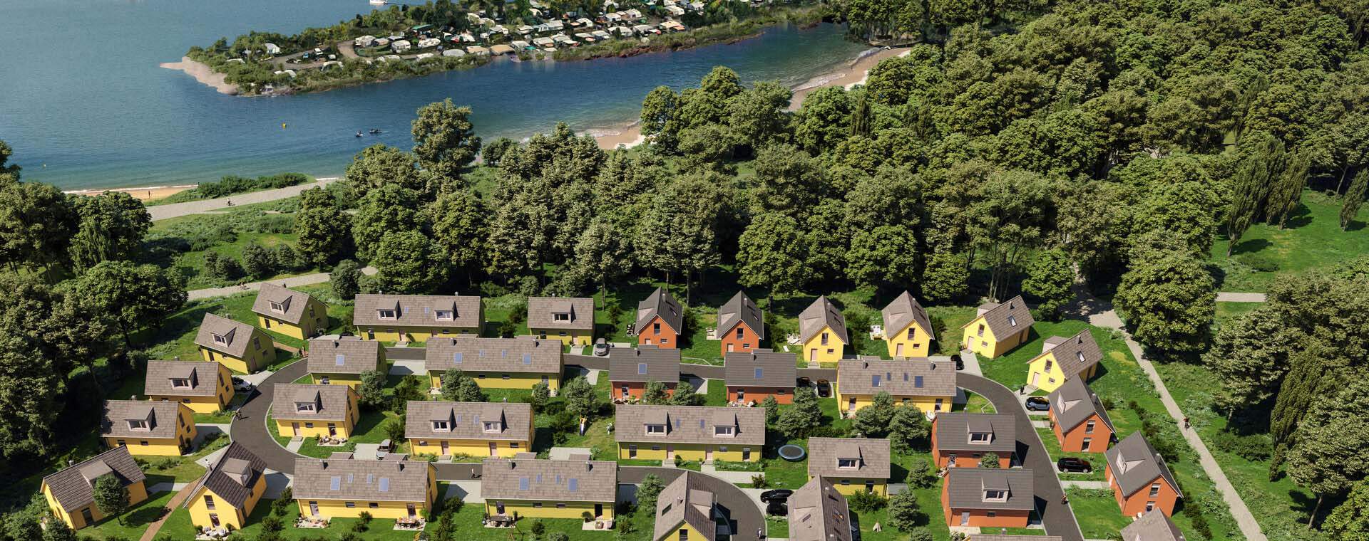 Vogelperspektive eines Neubauprojektes von Bonava neben einem See