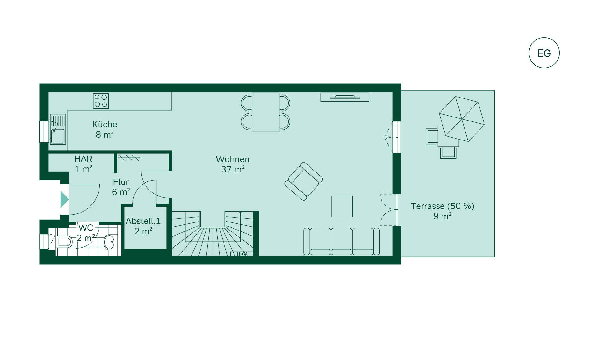 Grundriss des Erdgeschosses vom Reihenhaus im Neubauprojekt Gutshof Falkenberg