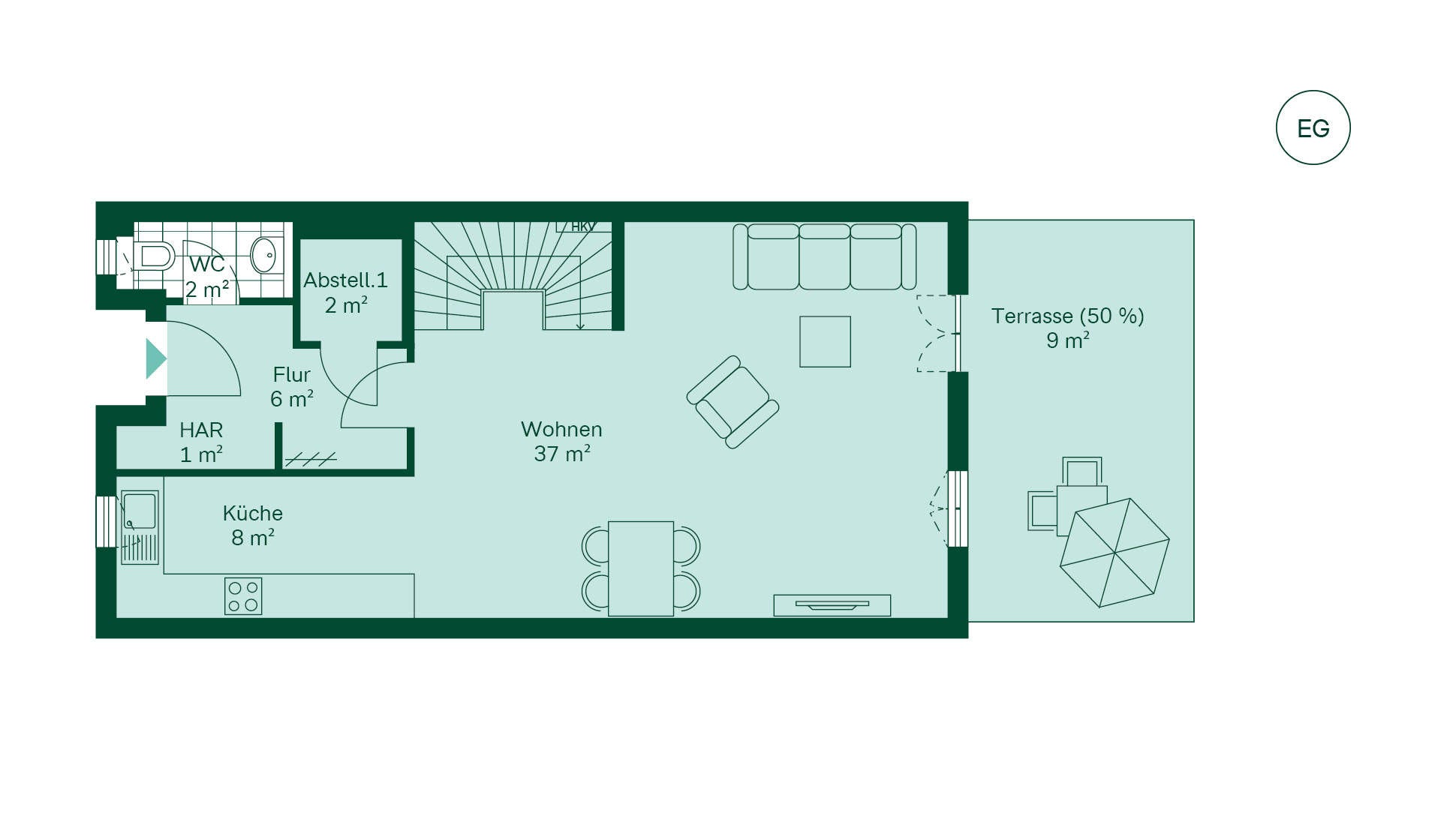 Grundriss des Erdgeschosses vom Reihenhaus im Neubauprojekt Gutshof Falkenberg