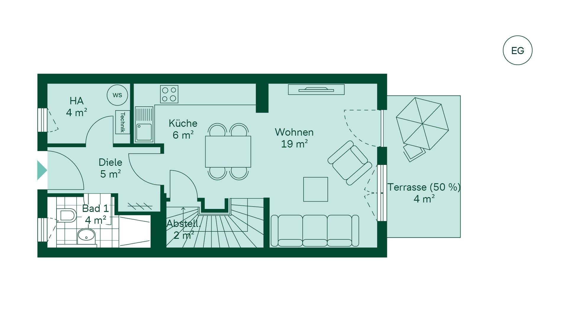 Grundriss des Erdgeschosses vom Reihenhaus im Neubauprojekt Fontaneviertel