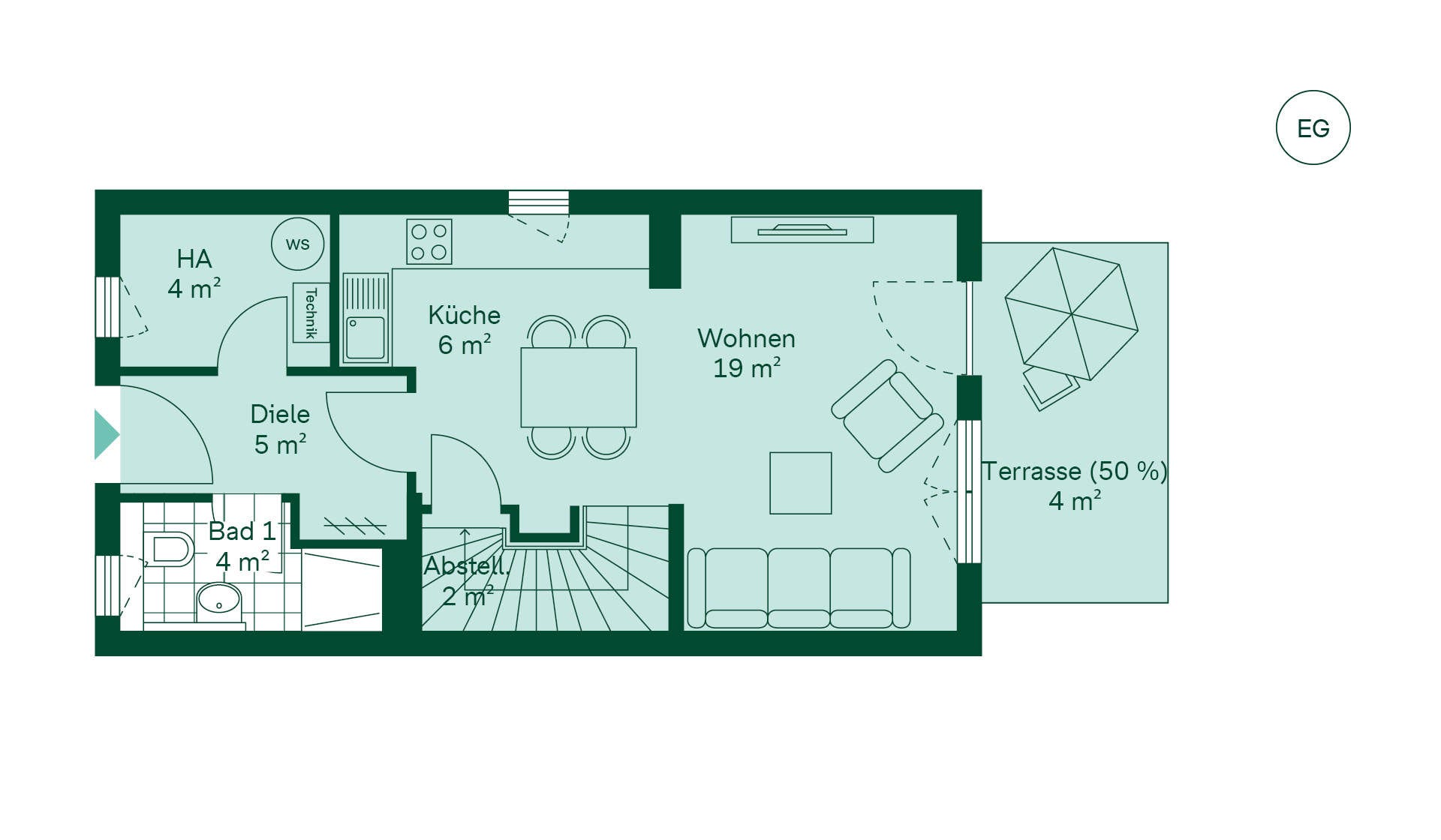 Geräumiges Erdgeschoss mit viel Stauraum Grundriss des Erdgeschosses vom Reihenhaus im Neubauprojekt Fontaneviertel