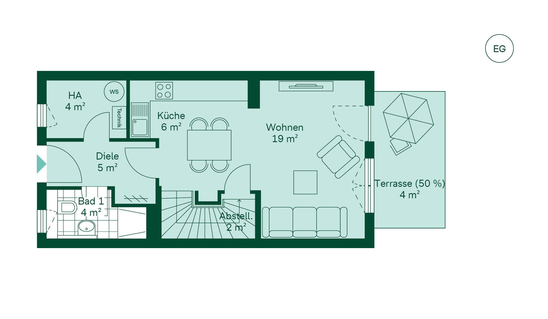 Grundriss des Erdgeschosses vom Reihenhaus im Neubauprojekt Fontaneviertel