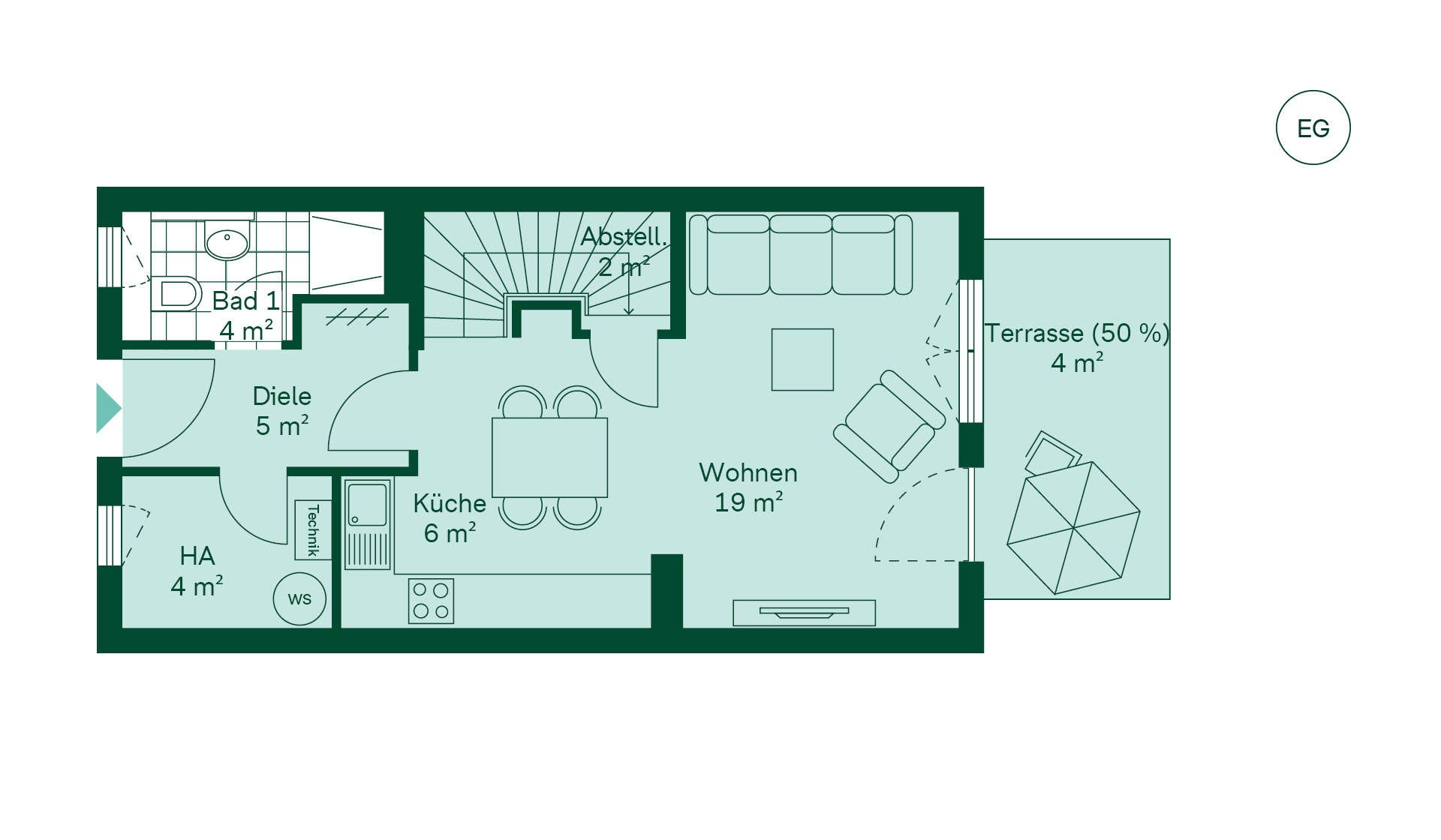 Grundriss des Erdgeschosses vom Reihenhaus im Neubauprojekt Fontaneviertel