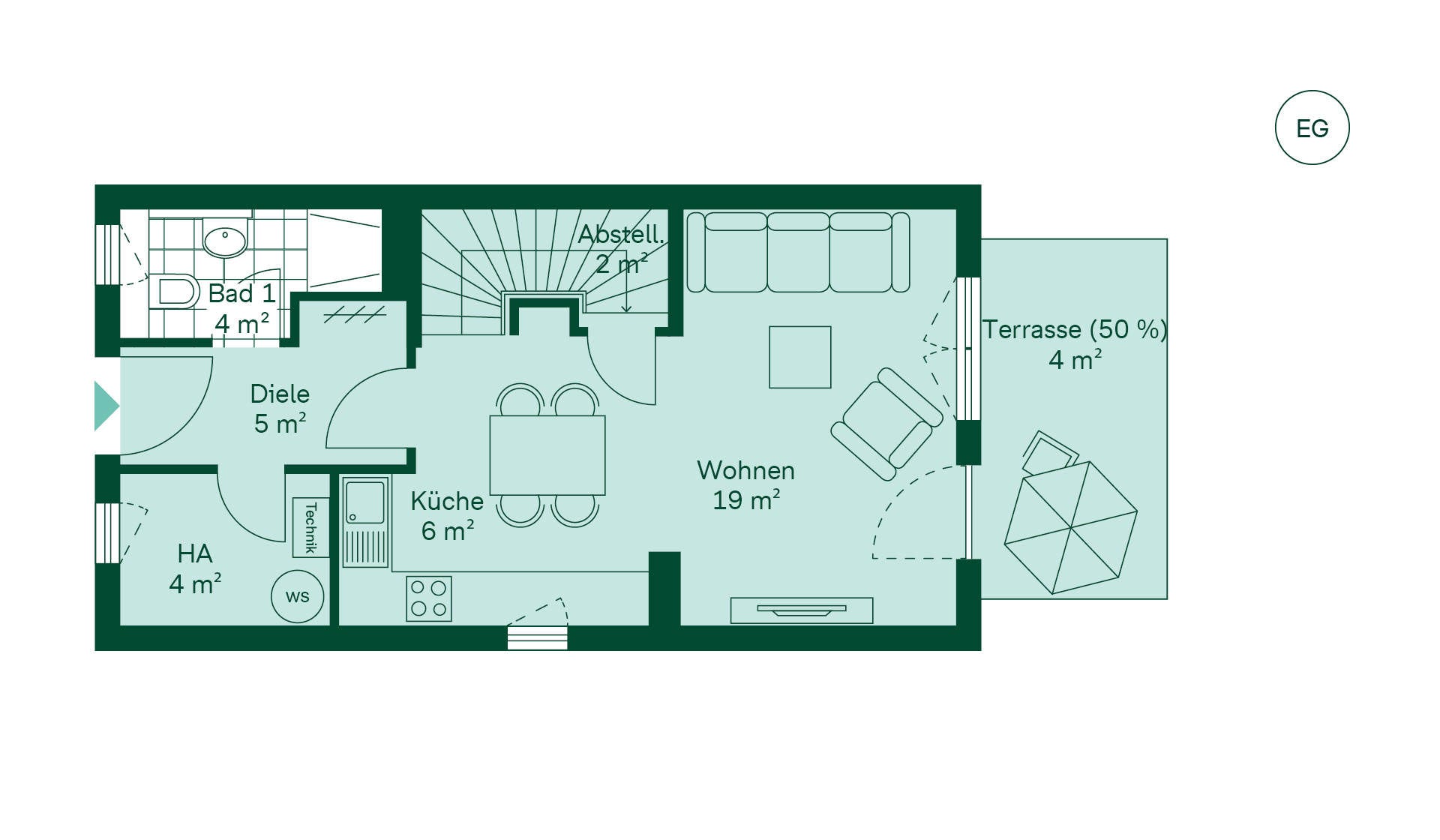 Grundriss des Erdgeschosses vom Reihenhaus im Neubauprojekt Fontaneviertel