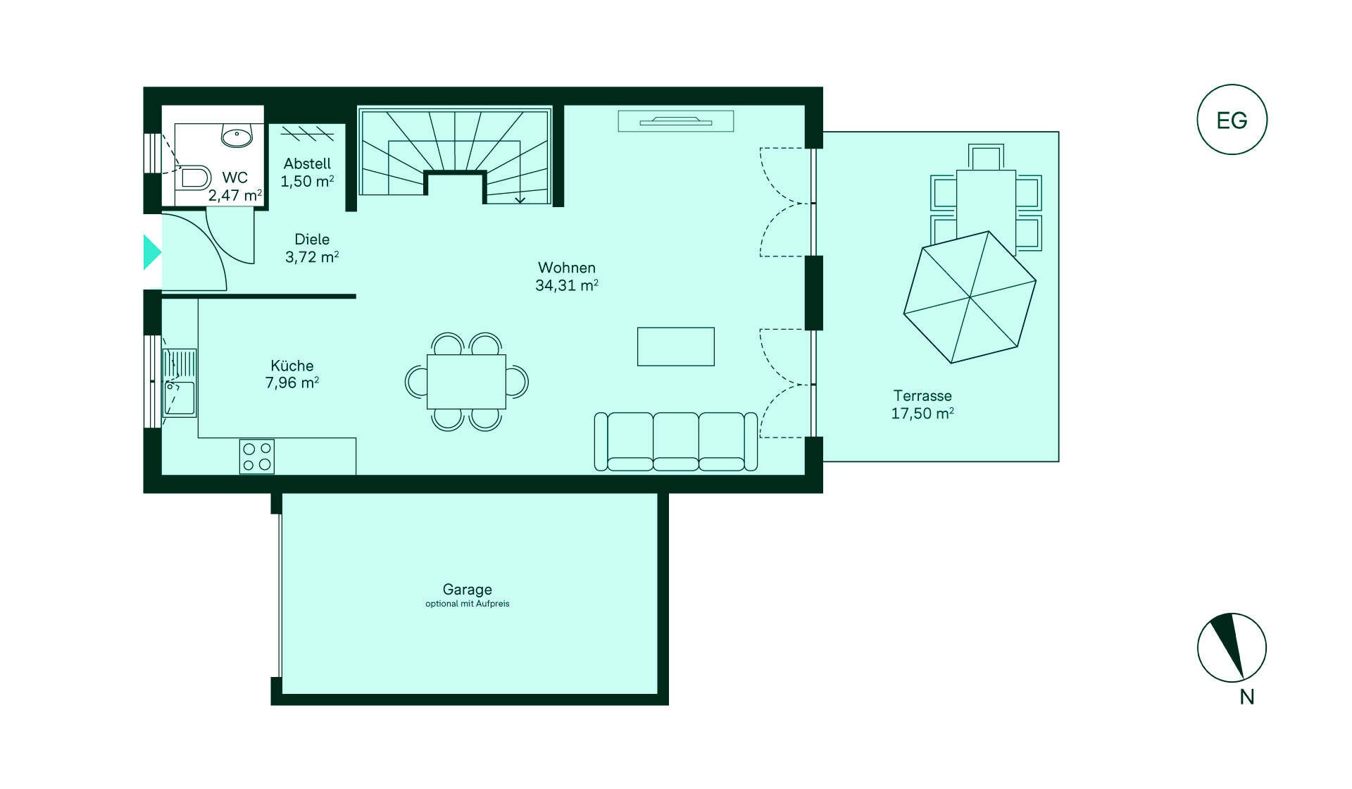 Grundriss des Erdgeschosses vom Doppelhaus im Neubauprojekt Heidegaerten
