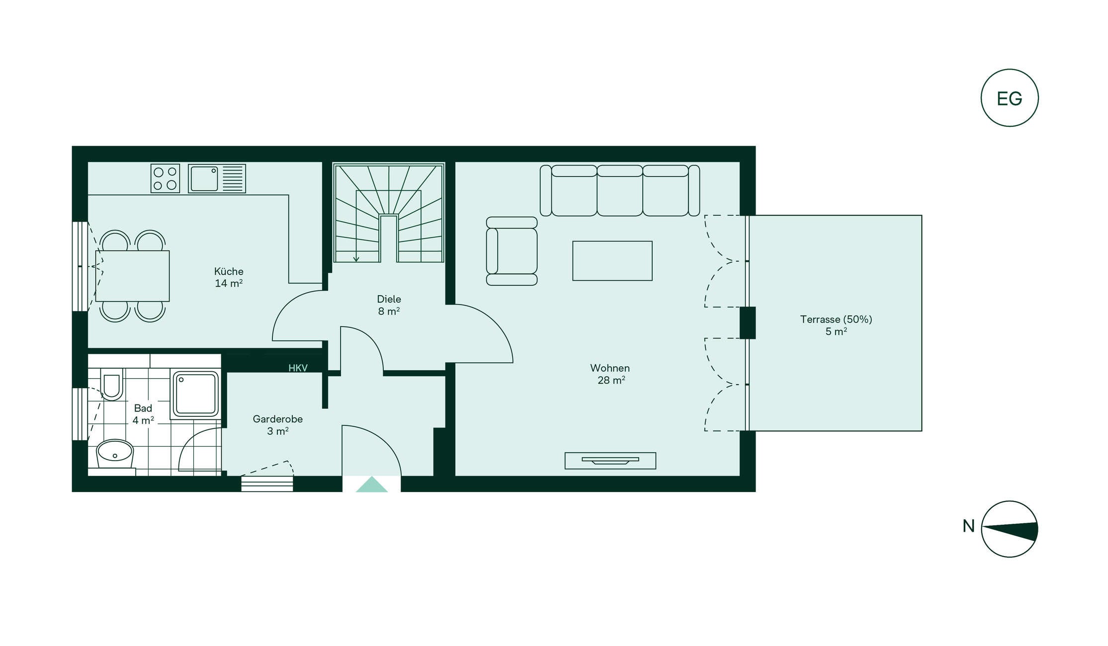 Geräumiges Erdgeschoss mit großer Küche Grundriss des Erdgeschosses im Doppelhaus im Neubauprojekt Familiengaerten