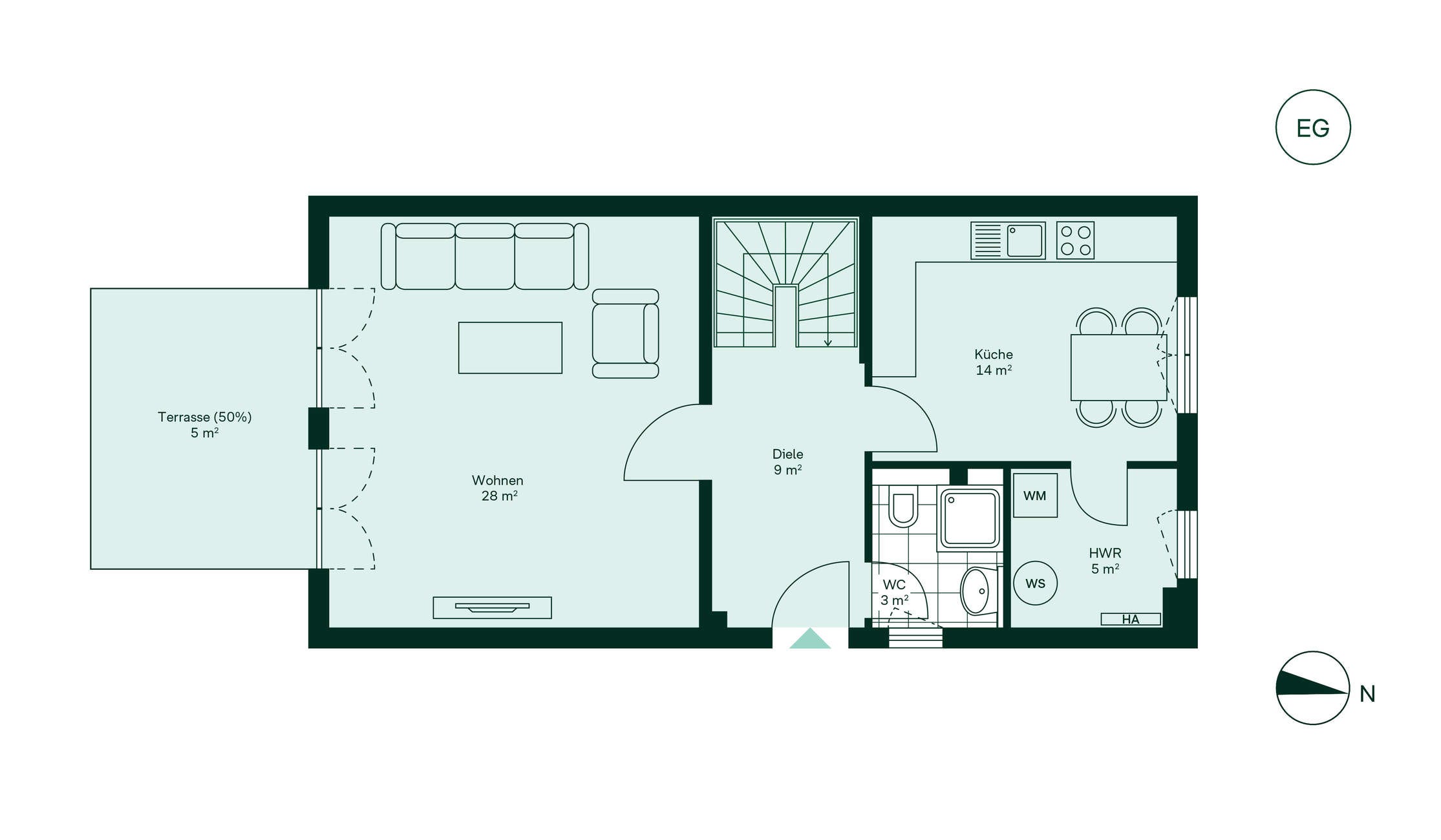 Geräumiges Erdgeschoss mit separater Küche Grundriss des Erdgeschosses im Doppelhaus im Neubauprojekt Familiengaerten