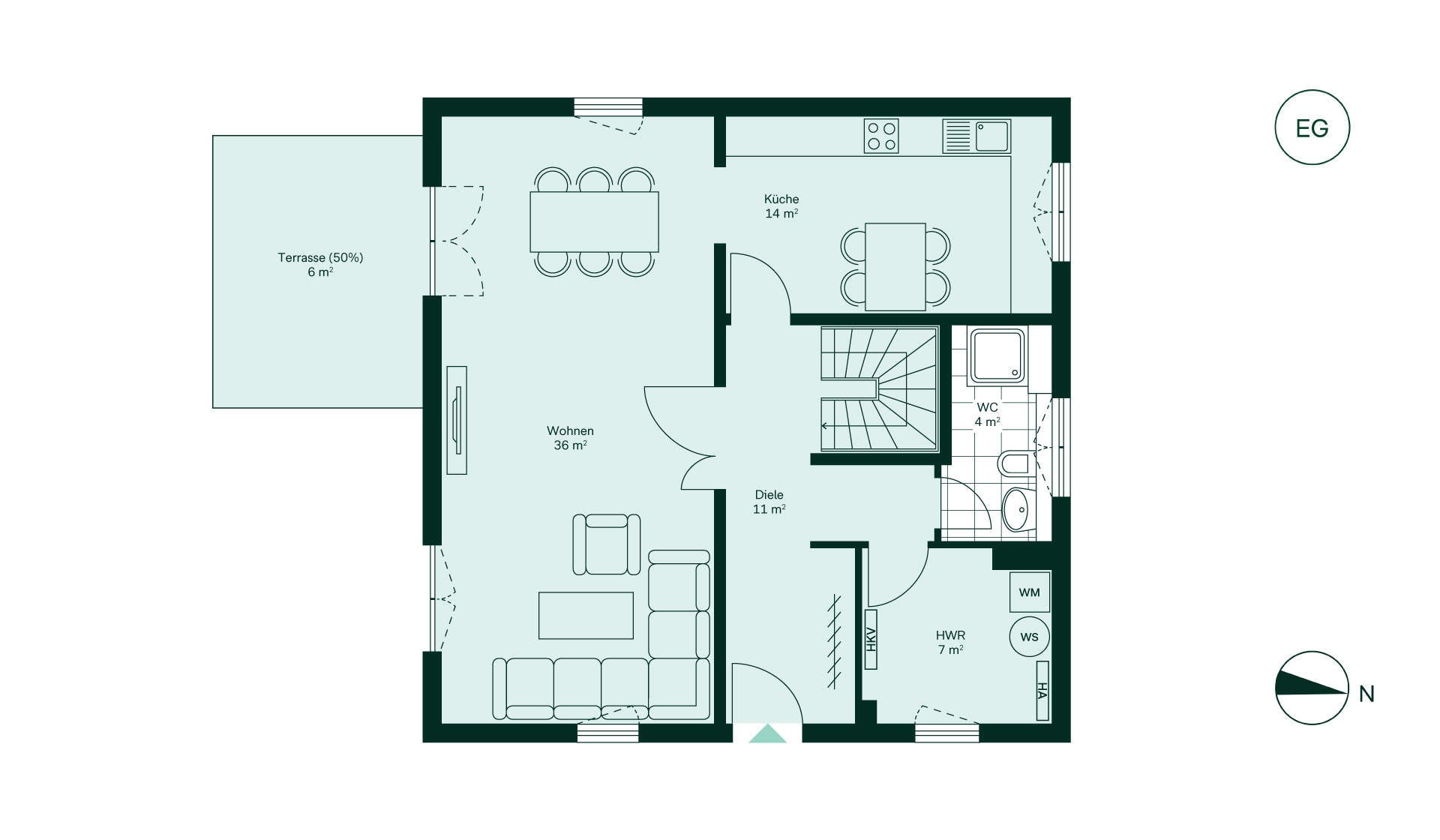 Offener und großzügiger Wohnbereich mit angrenzender Terrasse Grundriss des Erdgeschosses im Einfamilienhaus im Neubauprojekt Familiengarten