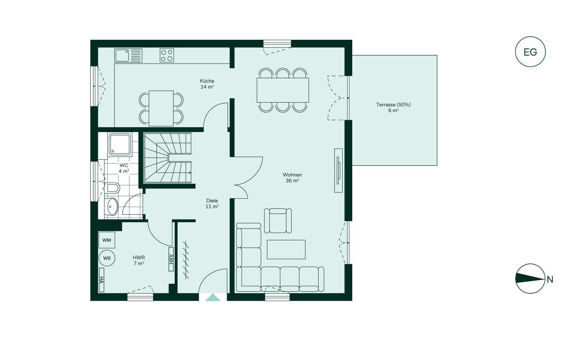 Grundriss des Erdgeschosses im Einfamilienhaus im Neubauprojekt Familiengarten