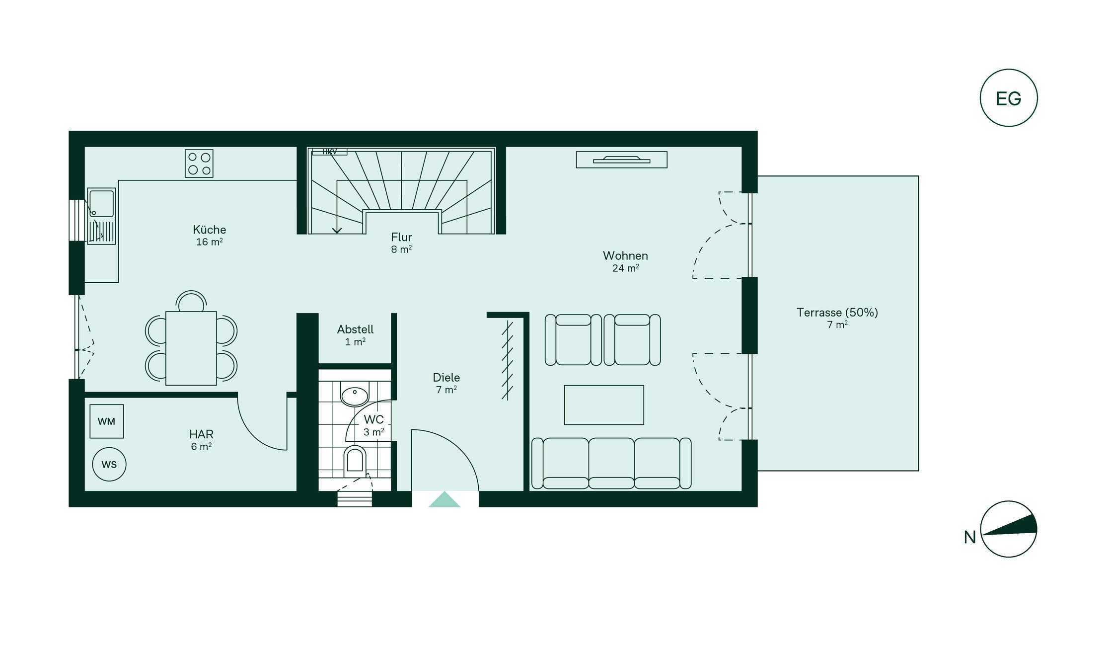 Grundriss des Erdgeschosses im Doppelhaus im Neubauprojekt Roemerquartier 3