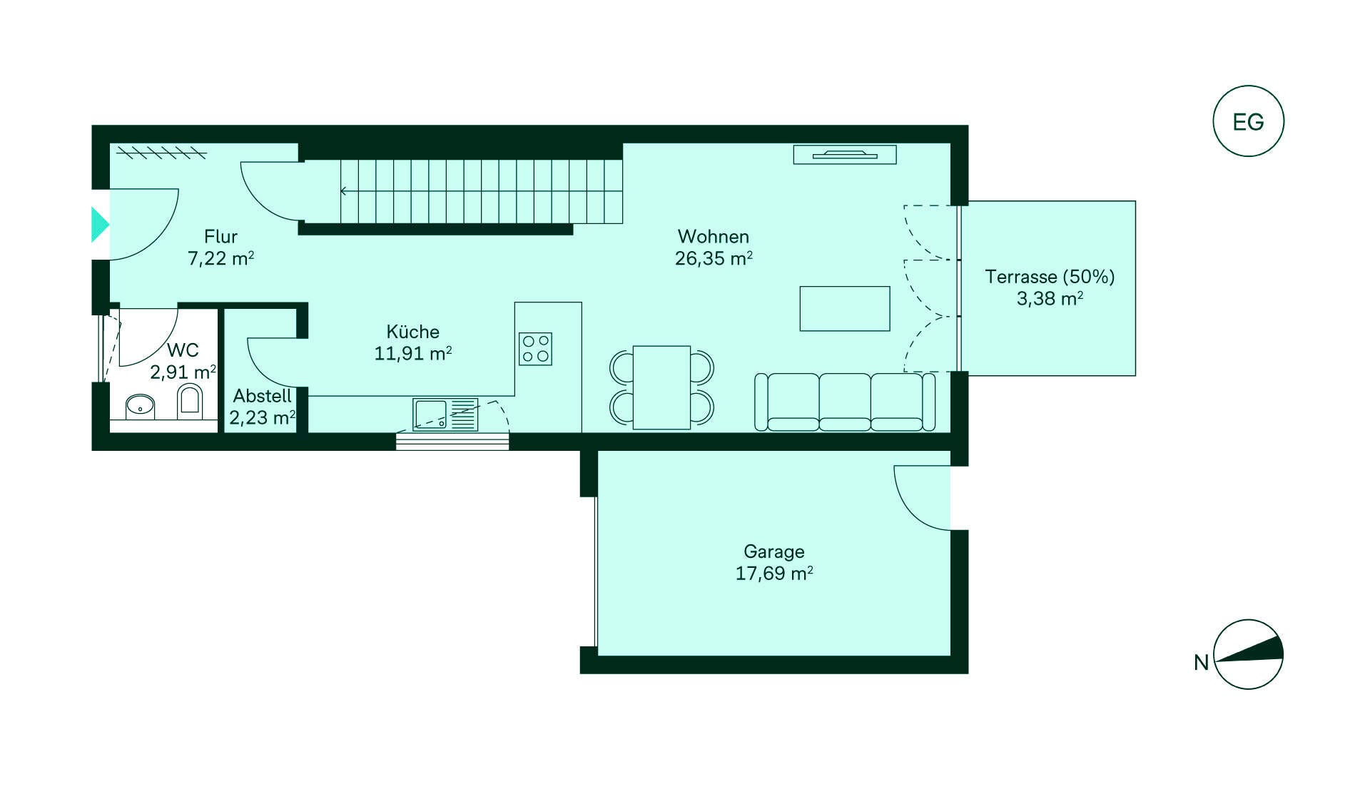 Komfortabler Grundriss Grundriss des Erdgeschosses: Flur, Küche, Wohnzimmer, WC, Abstellraum, Terrasse und Garage.