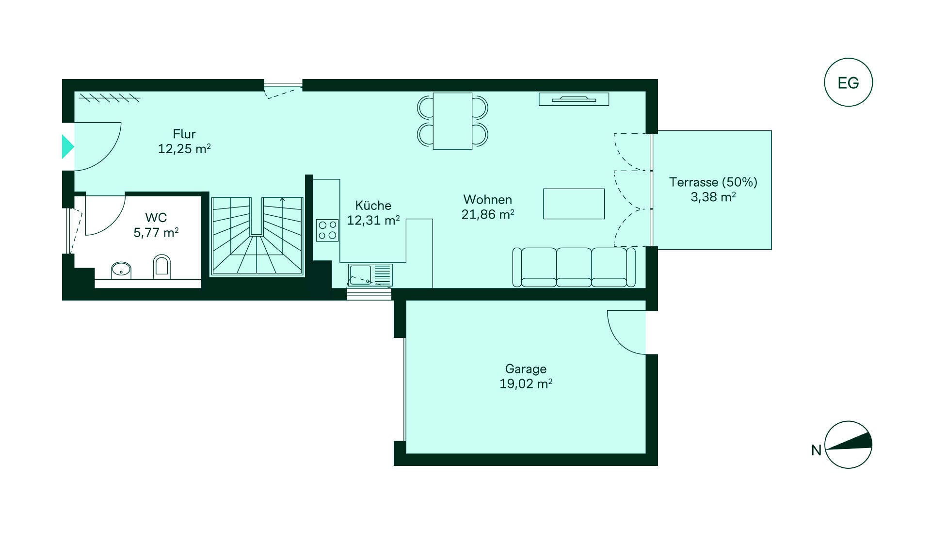 Komfortabler Grundriss Grundriss des Erdgeschosses: Flur, Küche, Wohnzimmer, WC, Terrasse und Garage. Ideal für Ihr Zuhause!