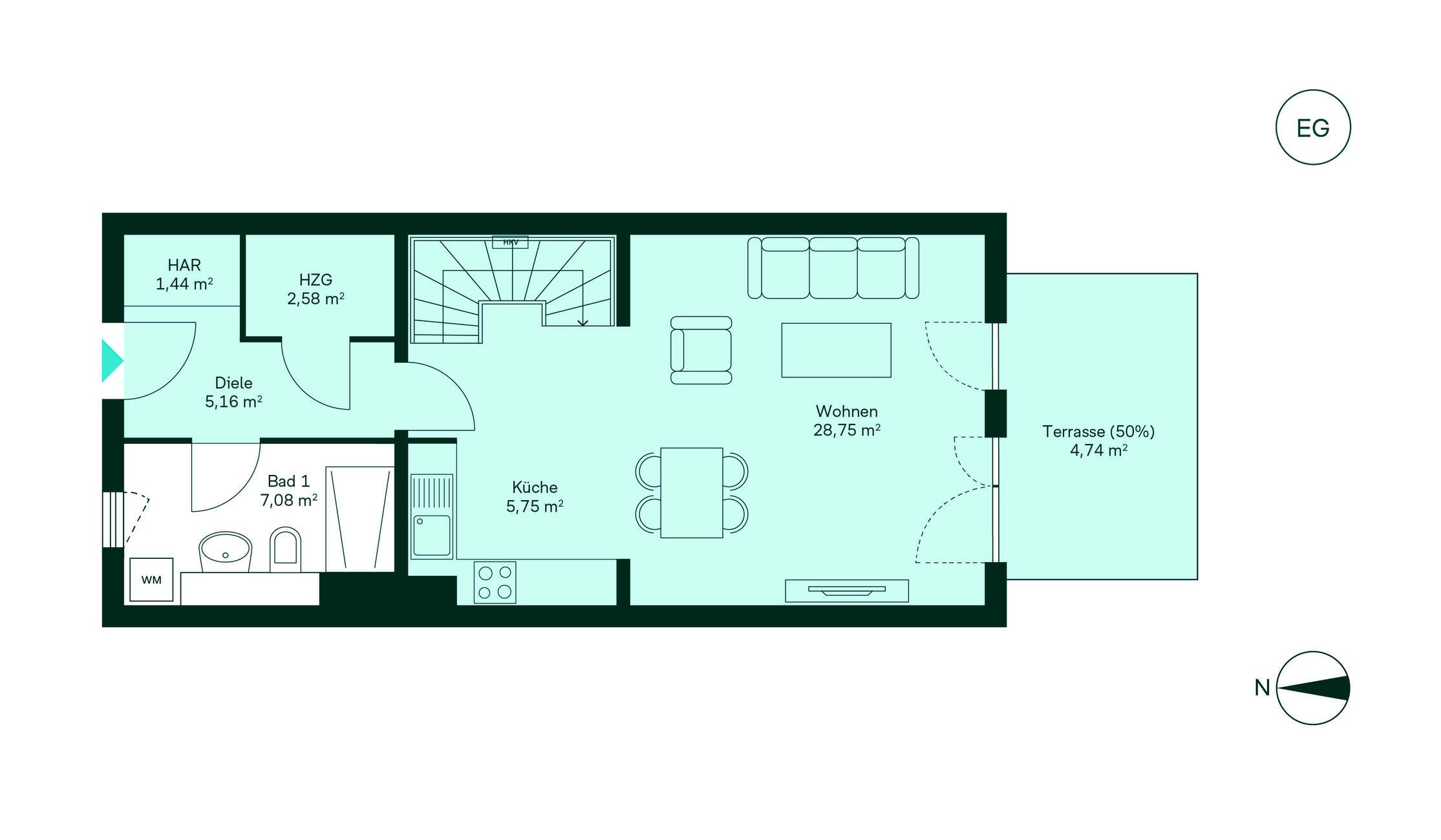 Offener und großzügiger Wohnbereich im Erdgeschoss Grundriss des Erdgeschosses vom Reihenhaus im Neubauprojekt Cityterrassen