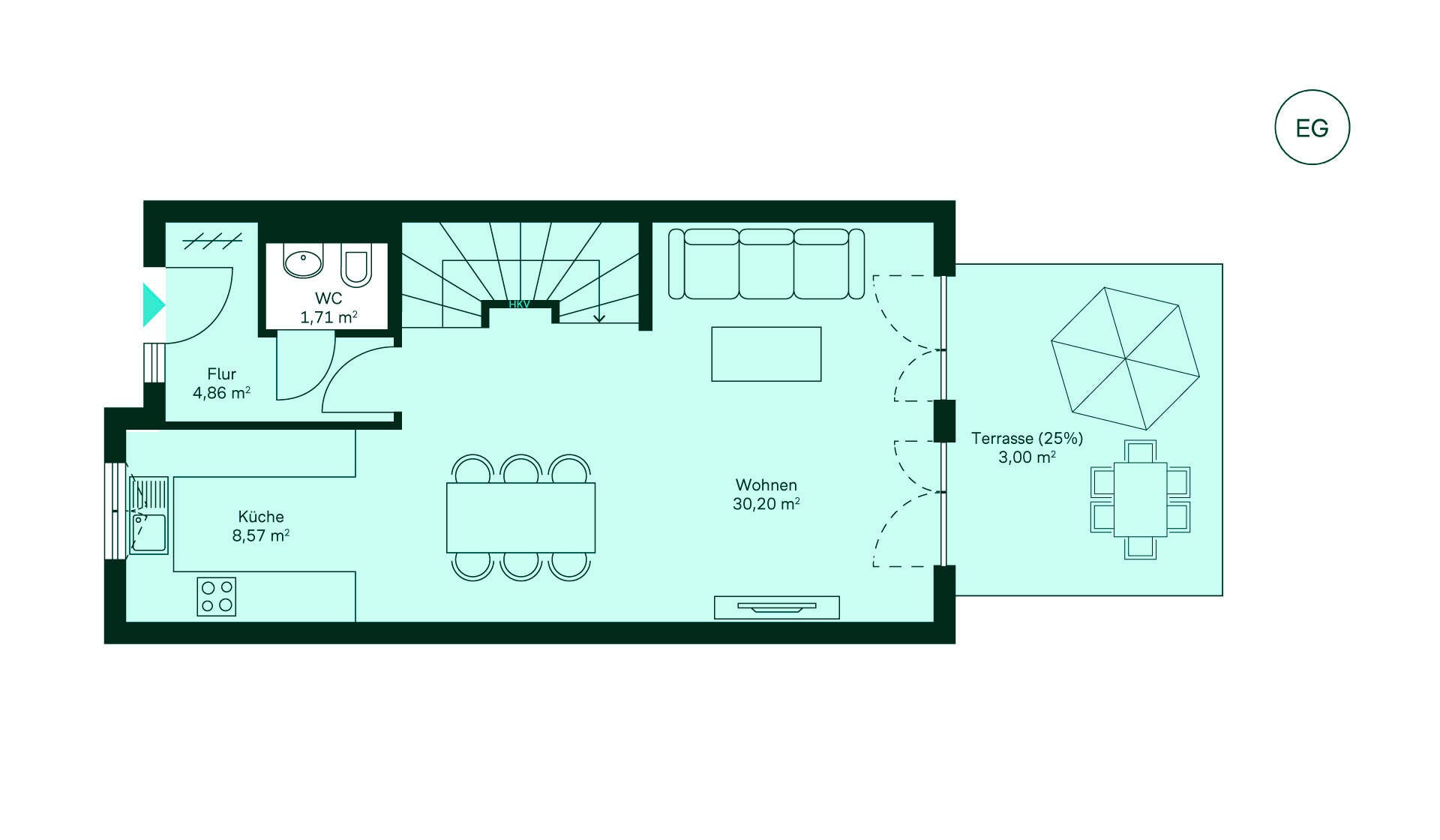 Geräumiges Erdgeschoss mit viel Platz und angrenzender Terrasse Grundriss des Erdgeschosses des Reihenhaus im Neubauprojekt Suedringterrassen