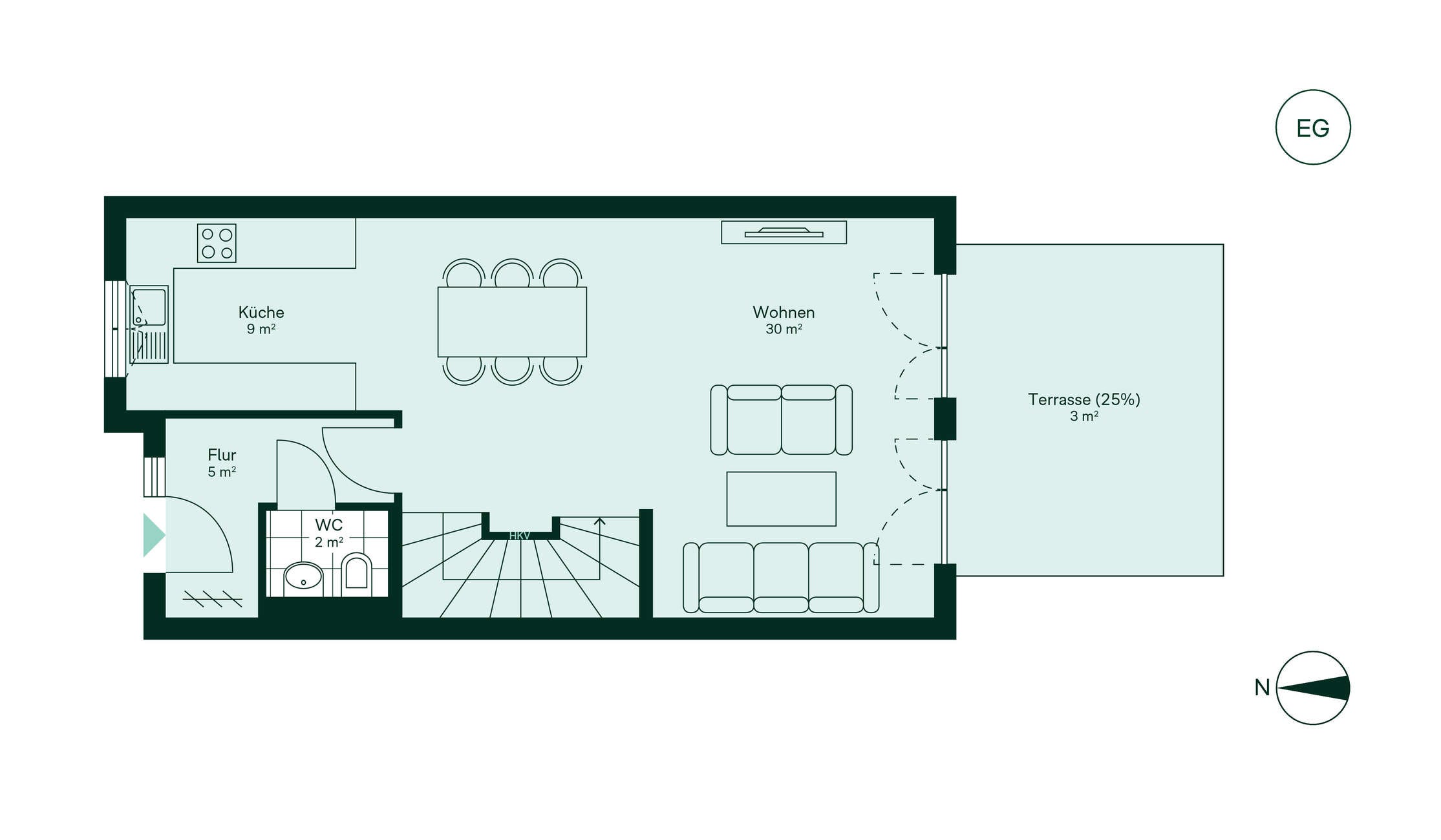 Grundriss des Erdgeschosses des Reihenhaus im Neubauprojekt Suedringterrassen