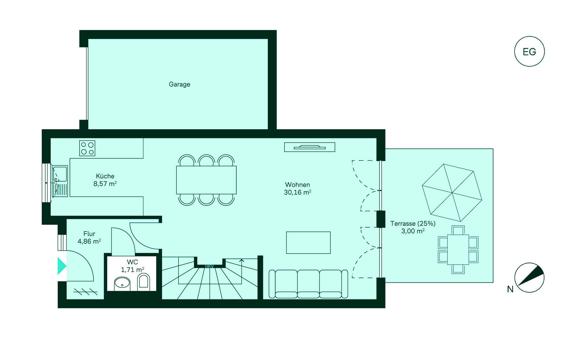 Grundriss des Erdgeschosses des Reihenhaus im Neubauprojekt Suedringterrassen