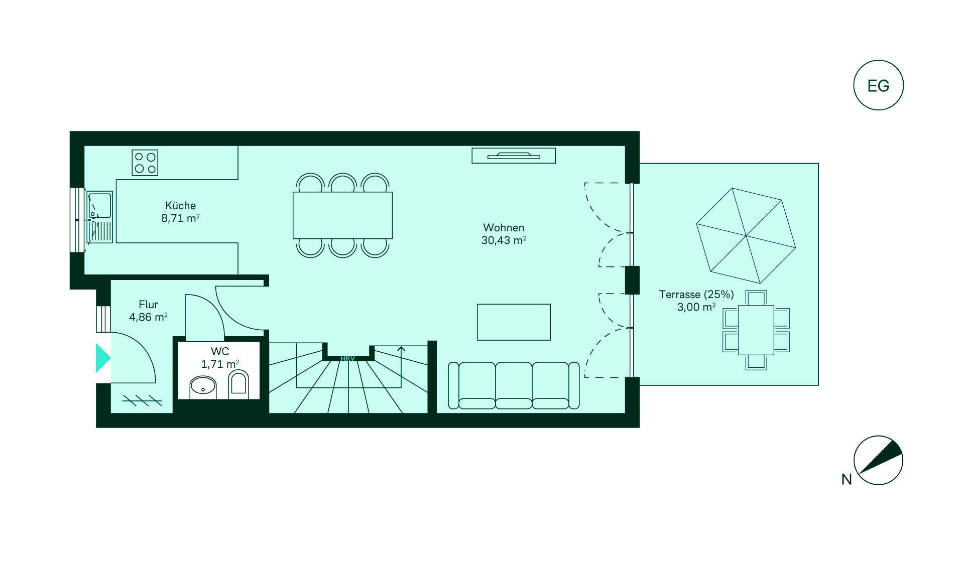 Geräumiges Erdgeschoss mit viel Platz und angrenzender Terrasse Grundriss des Erdgeschosses des Reihenhaus im Neubauprojekt Suedringterrassen
