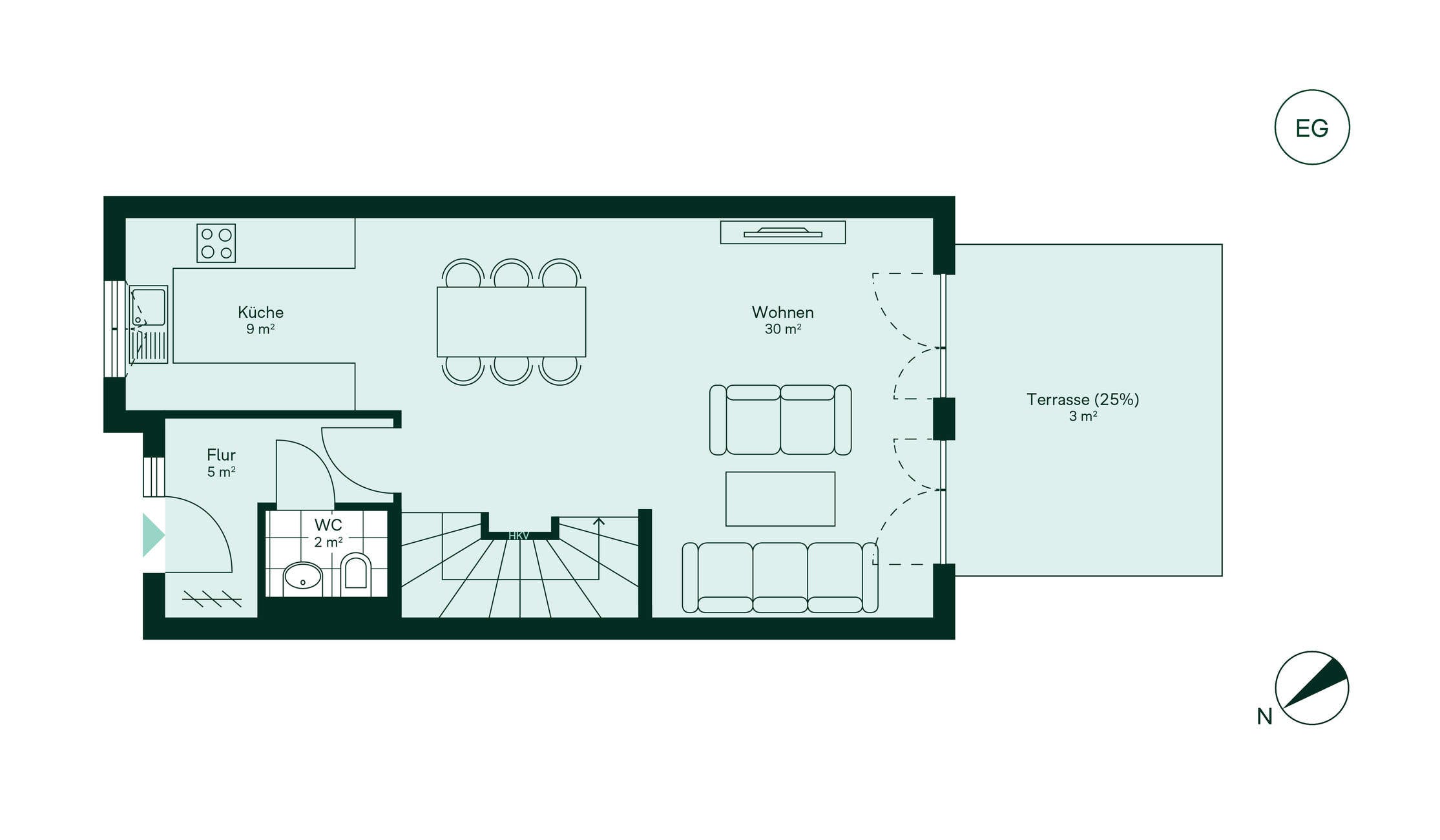 Grundriss des Erdgeschosses des Reihenhaus im Neubauprojekt Suedringterrassen