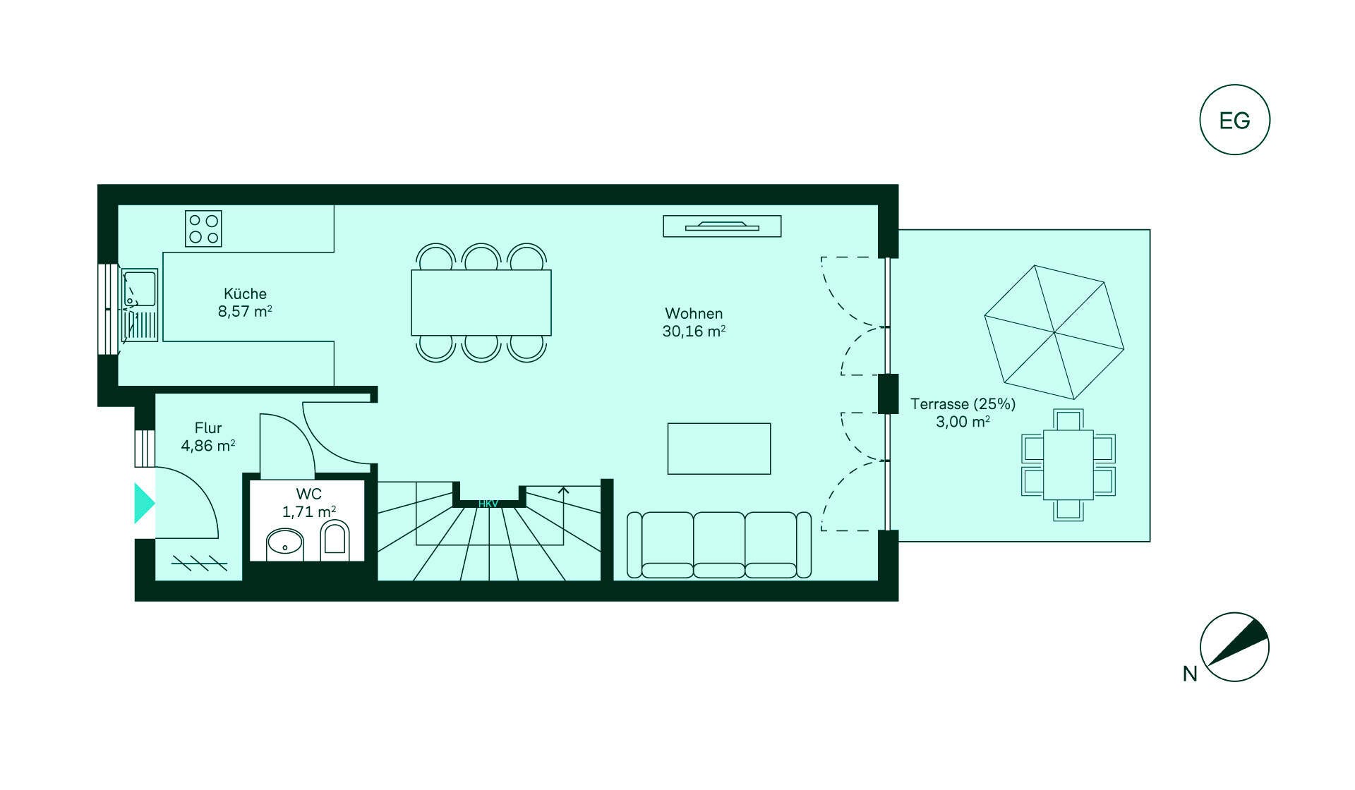 Geräumiges Erdgeschoss mit viel Platz und angrenzender Terrasse Grundriss des Erdgeschosses des Reihenhaus im Neubauprojekt Suedringterrassen