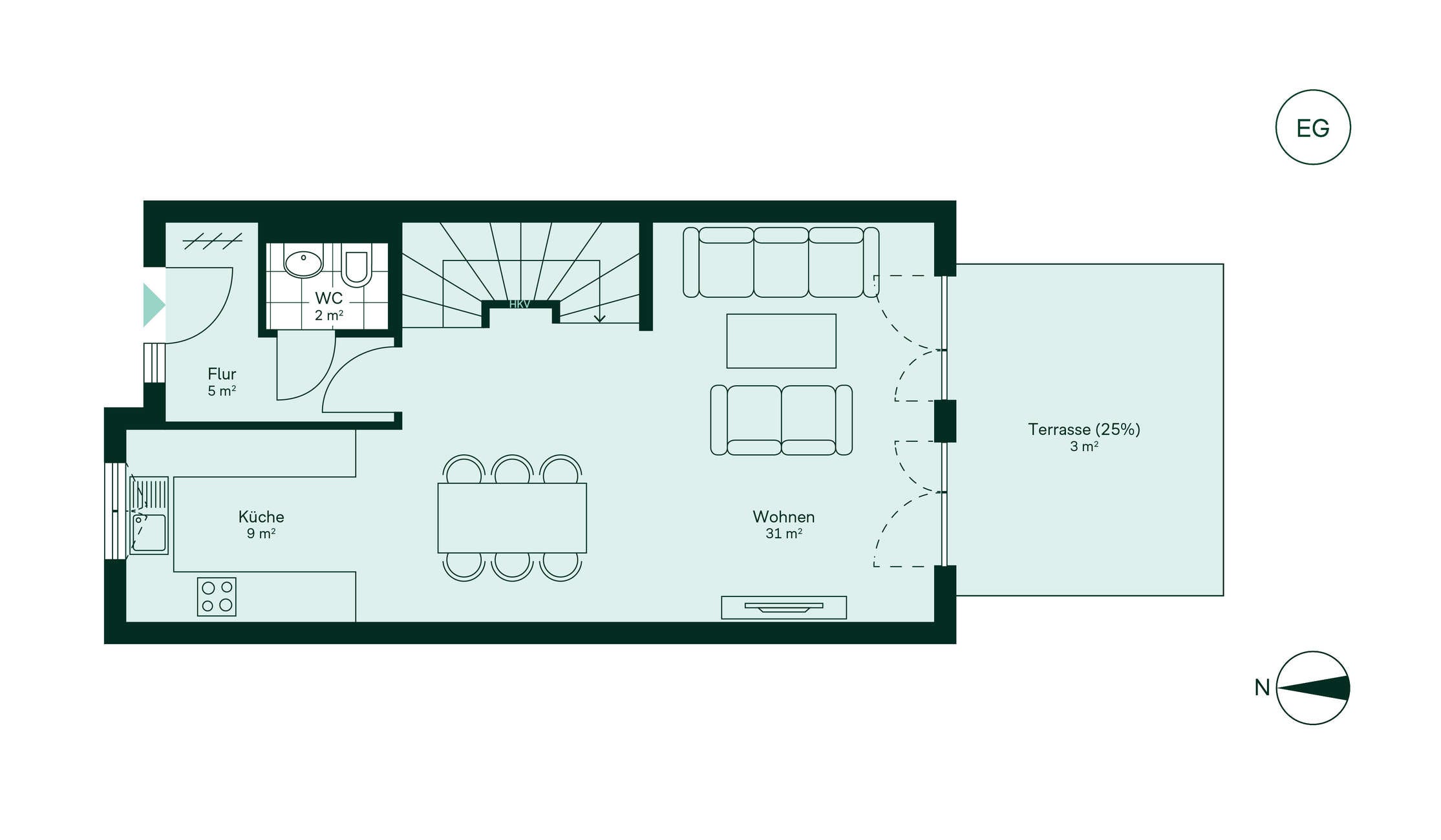 Grundriss des Erdgeschosses des Reihenhaus im Neubauprojekt Suedringterrassen