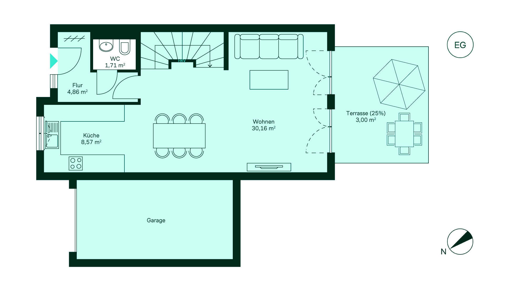 Geräumiges Erdgeschoss mit viel Platz und angrenzender Terrasse Grundriss des Erdgeschosses des Reihenhaus im Neubauprojekt Suedringterrassen
