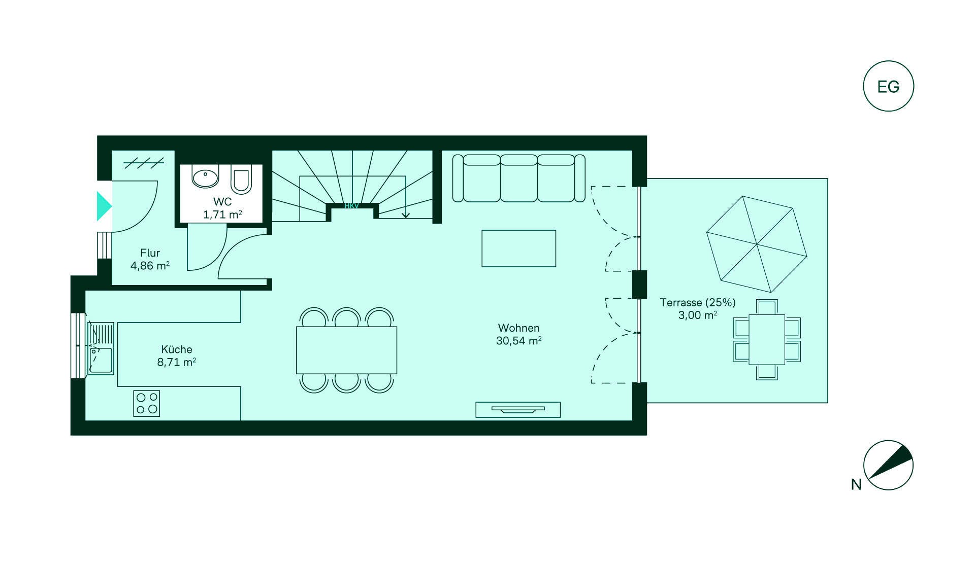 Geräumiges Erdgeschoss mit viel Platz und angrenzender Terrasse Grundriss des Erdgeschosses des Reihenhaus im Neubauprojekt Suedringterrassen