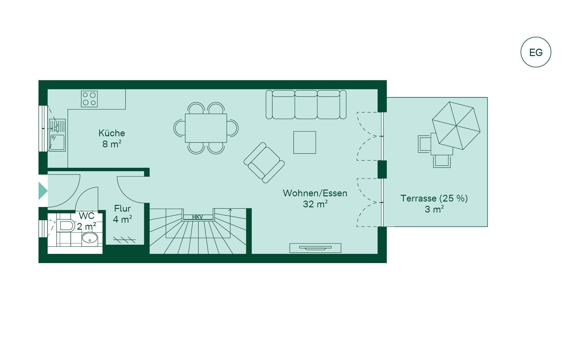 Grundriss des Erdgeschosses des Reihenhaus im Neubauprojekt Kirschgaerten