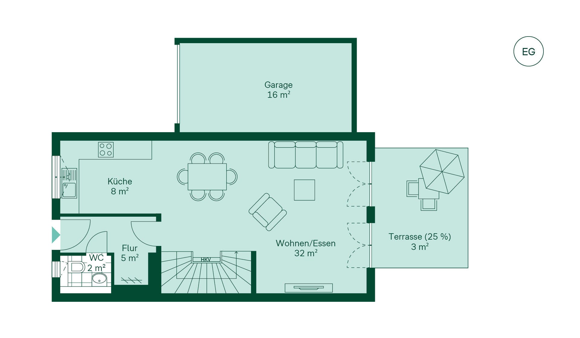 Grundriss des Erdgeschosses: Flur, Küche, Wohn-/Essbereich, WC, Terrasse, und Garage. Ideal zum Entspannen!