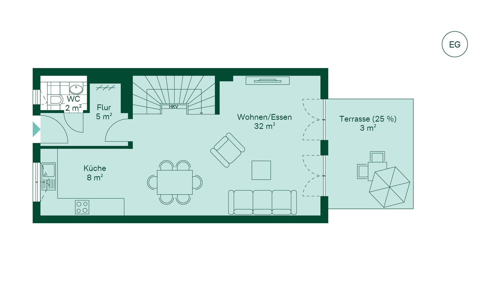 Grundriss des Erdgeschosses des Reihenhaus im Neubauprojekt Kirschgaerten