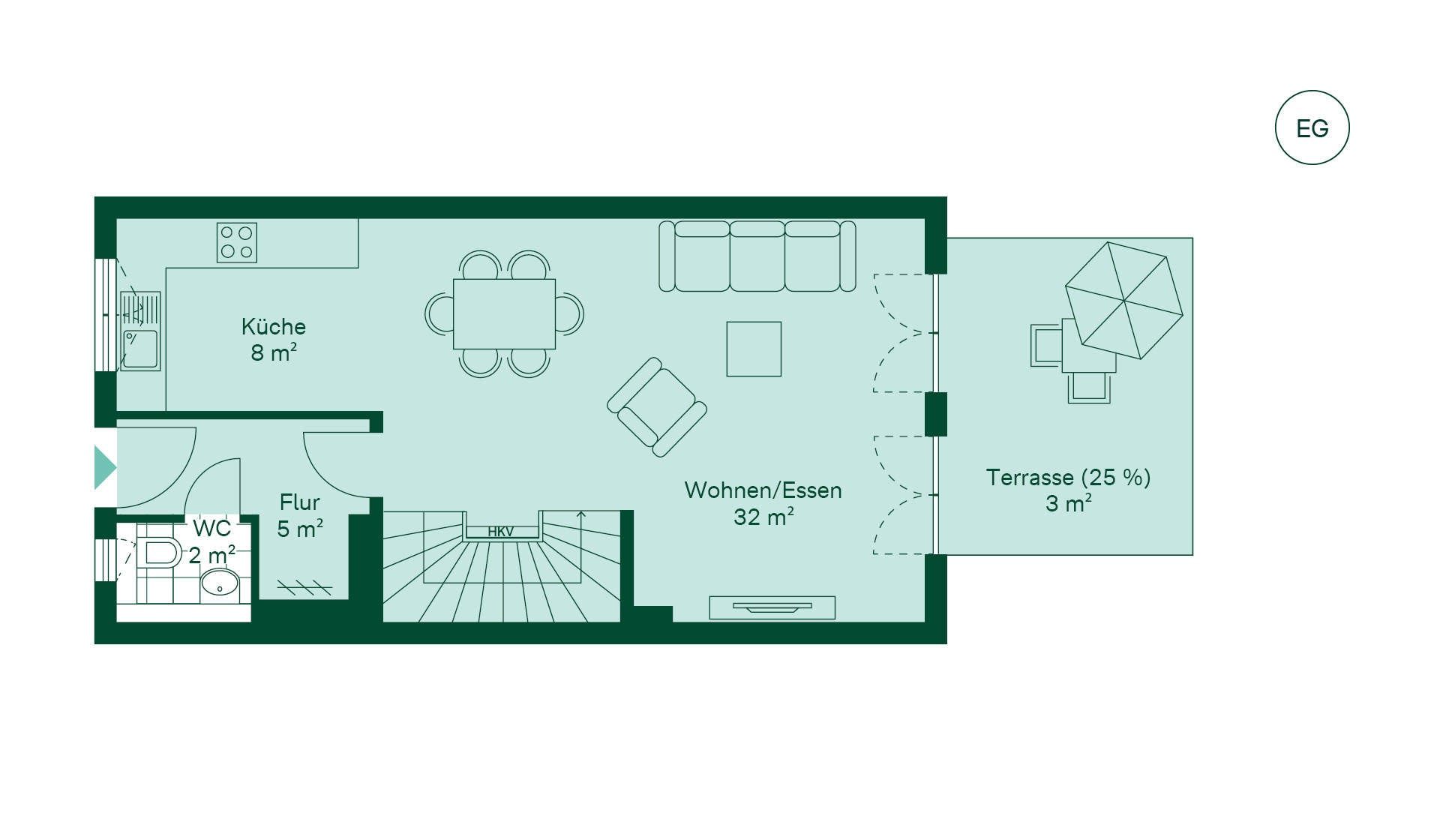 Grundriss des Erdgeschosses des Reihenhaus im Neubauprojekt Kirschgaerten