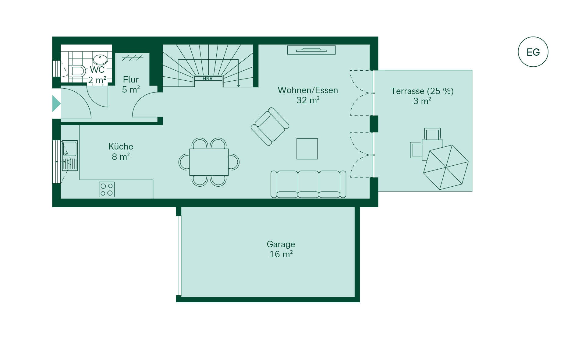 Grundriss des Erdgeschosses des Reihenhaus im Neubauprojekt Kirschgaerten