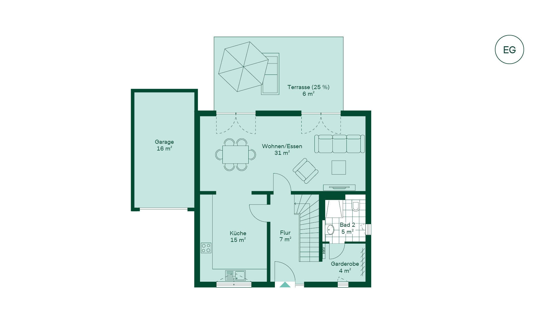 Grundriss des Erdgeschosses des Einfamilienhauses im Neubauprojekt Kirschgaerten