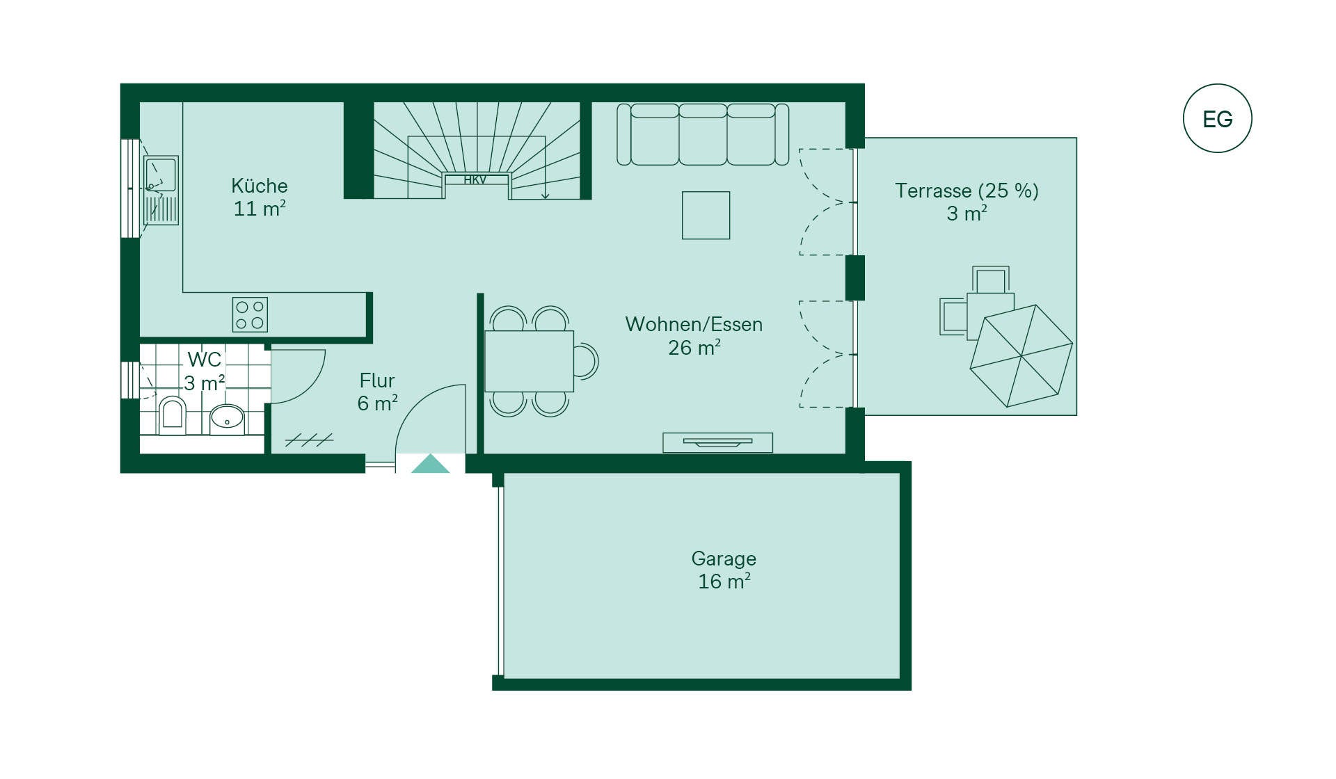 Grundriss des Erdgeschosses vom Doppelhaus im Neubauprojekt Kirschgaerten