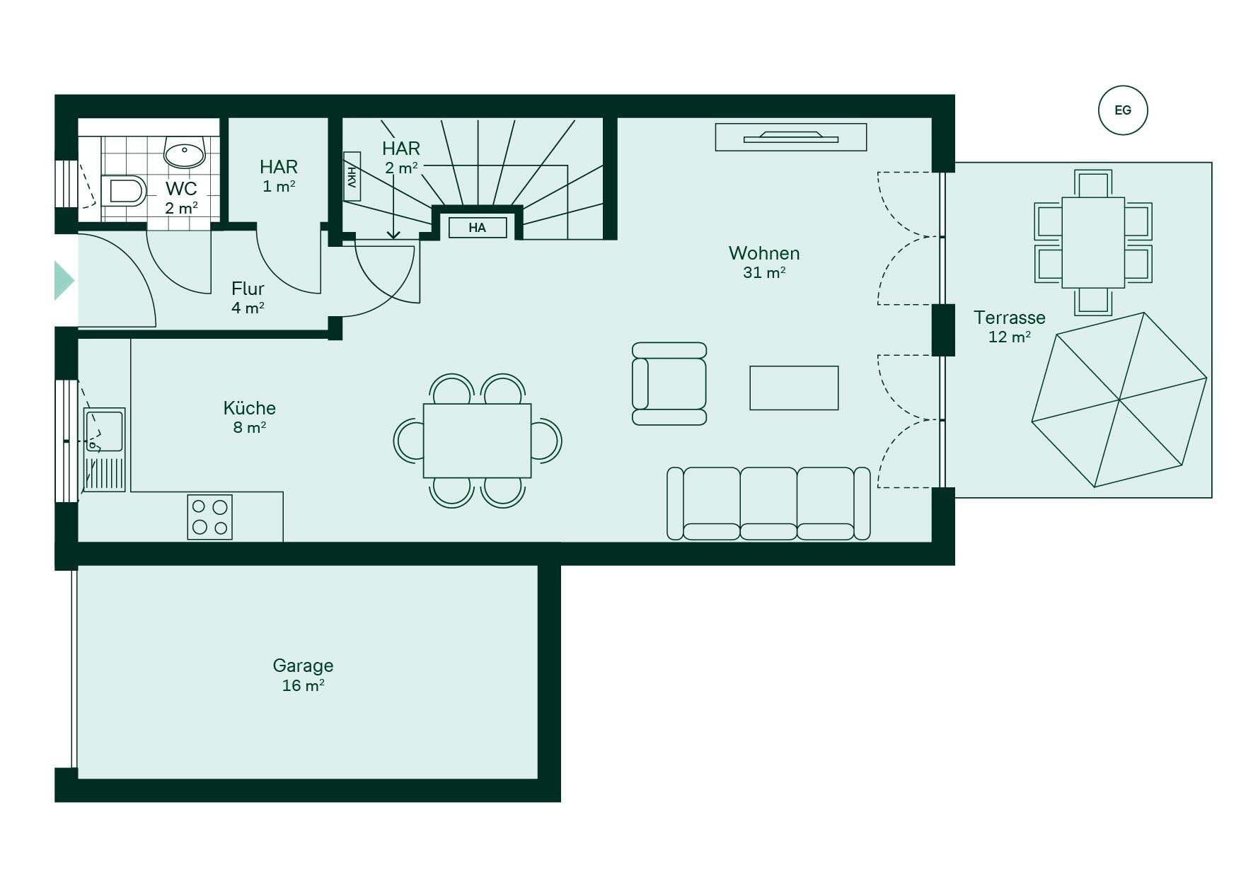 Grundriss des Erdgeschosses des Reihenhaus im Neubauprojekt Kirschgaerten
