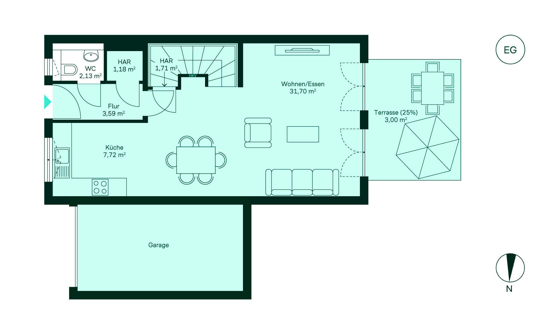 Grundriss des Erdgeschosses des Reihenhaus im Neubauprojekt Kirschgaerten