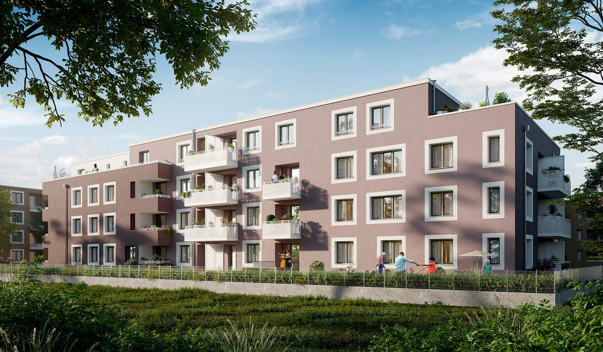 Modernes Wohngebäude mit Balkonen, umgeben von grüner Landschaft. Einladend und familienfreundlich.