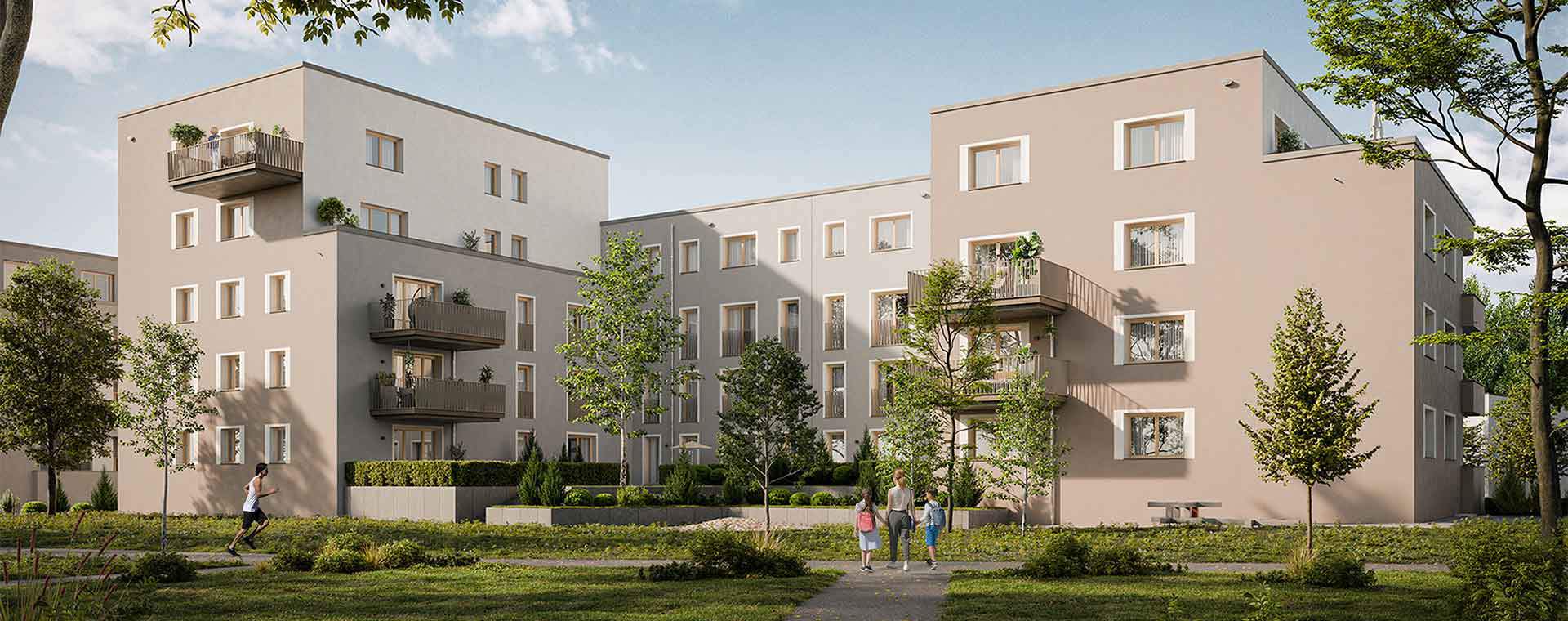 Blick zum Haus 4 im Neubauquartier Simonsveedel in Köln Visualisierung des Mehrfamilienhauses 4 im Neubauprojekt Simonsveedel
