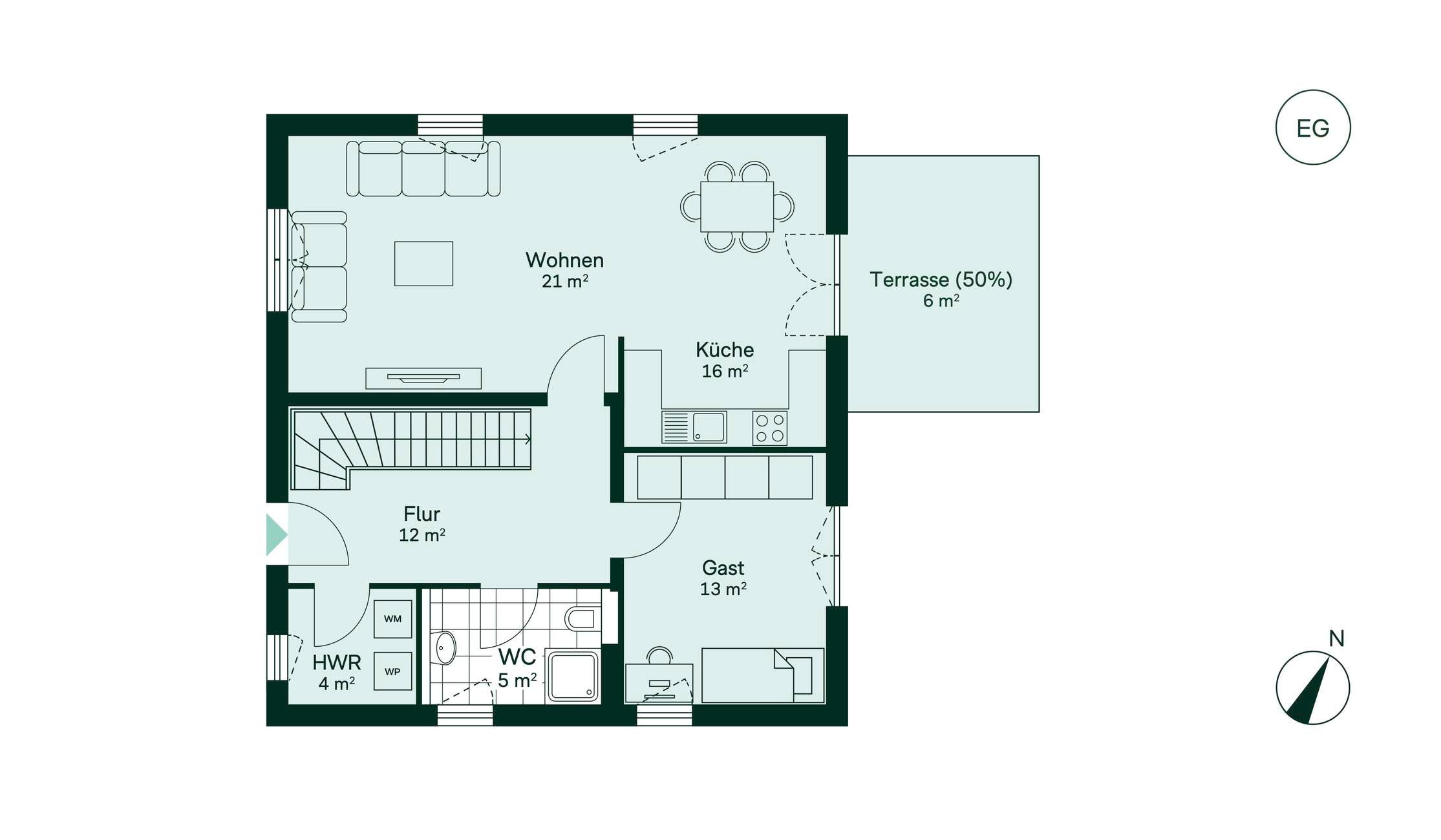 Geräumiges Erdgeschoss mit viel Stauraum Grundriss des Erdgeschosses vom Einfamilienhaus im Neubauprojekt Neuseengaerten