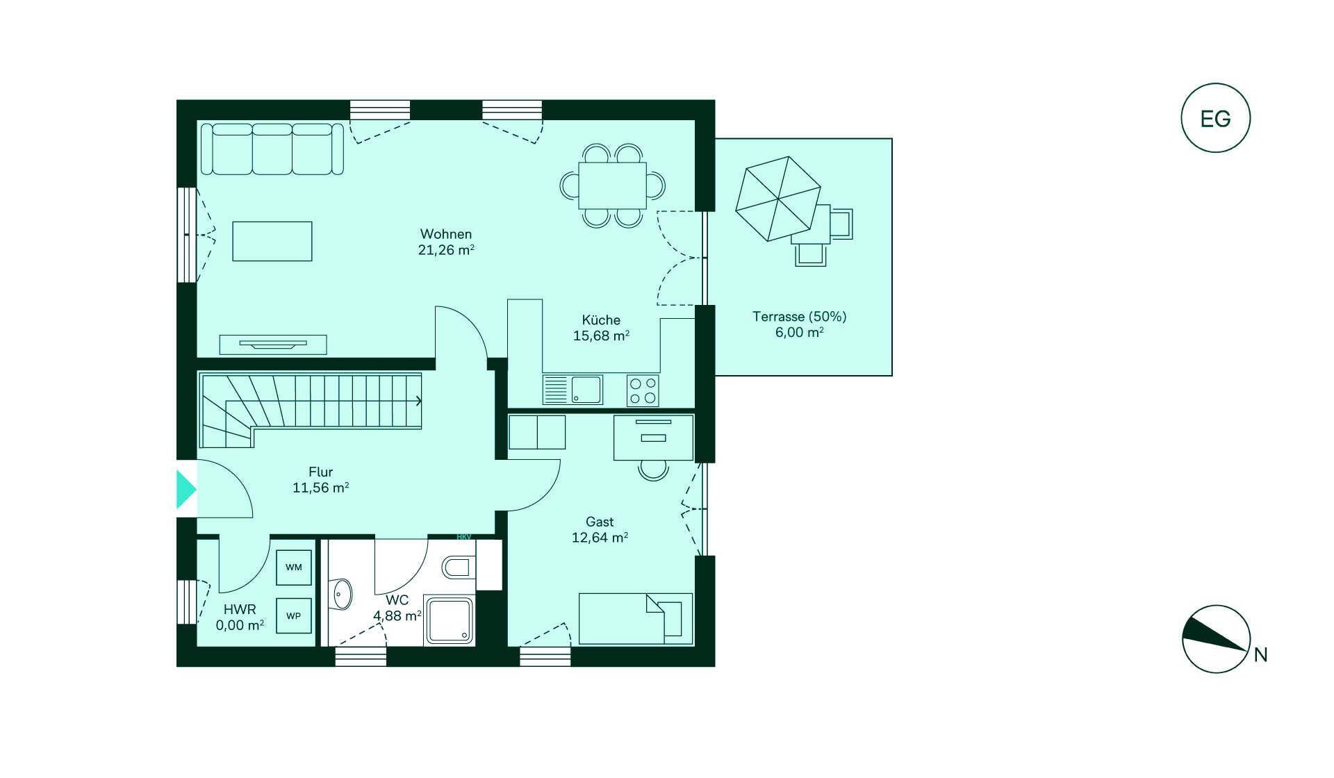 Geräumiges Erdgeschoss mit viel Stauraum Grundriss des Erdgeschosses vom Einfamilienhaus im Neubauprojekt Neuseengaerten