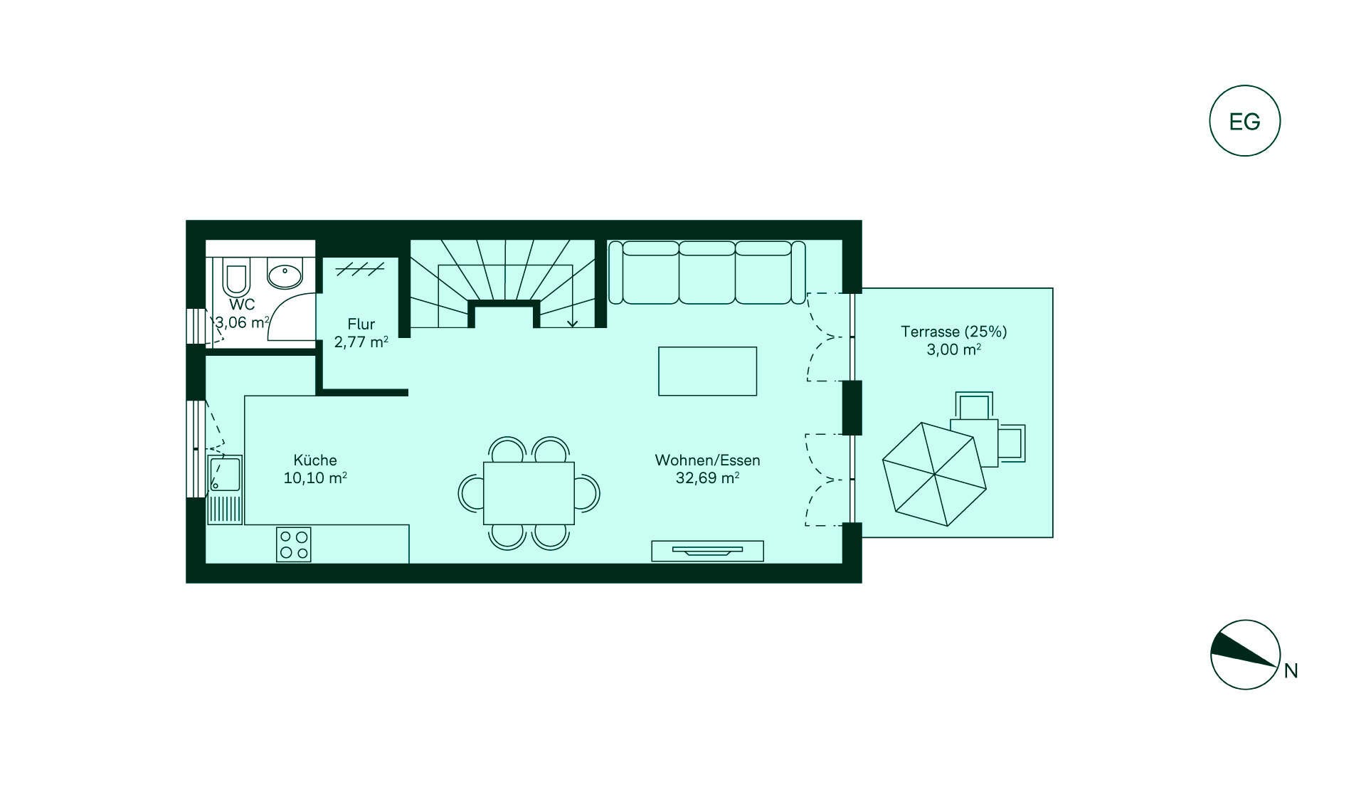 Geräumiges Erdgeschoss mit offener Küche Grundriss des Erdgeschosses vom Doppelhaus 001 im Neubauprojekt Winzerhöhe