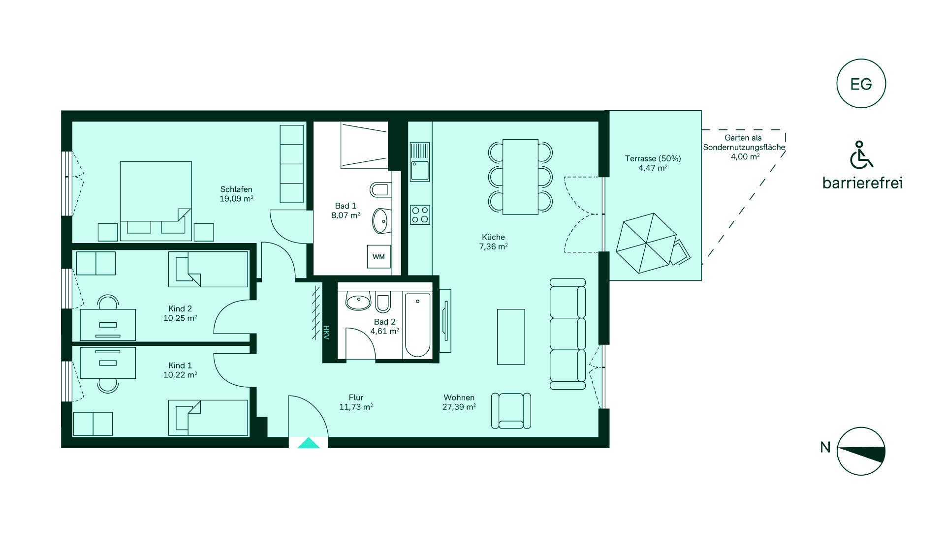 Grundriss der Eigentumswohnung Grundriss einer barrierefreien Wohnung: Flur, Küche, Wohnzimmer, 3 Schlafzimmer, 2 Bäder, Terrasse, Garten.