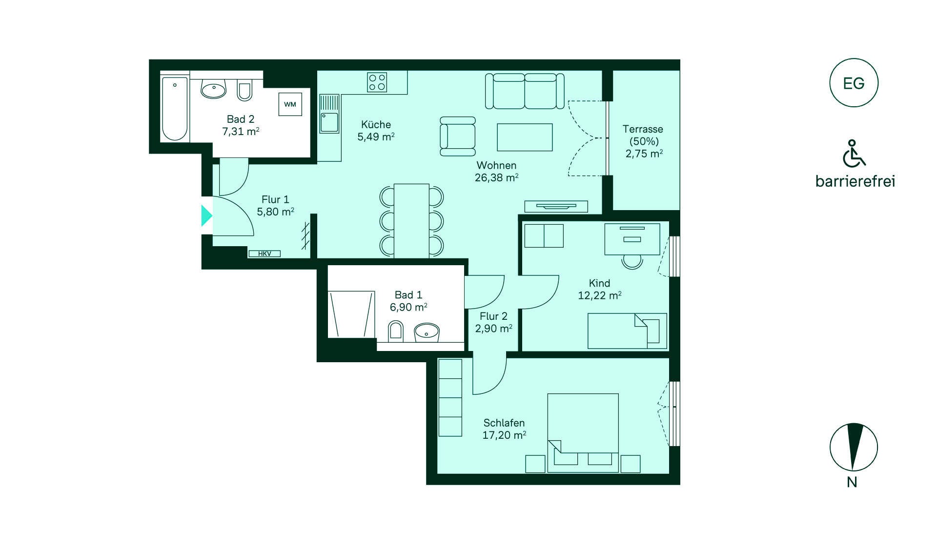 Barrierefreie Wohnung mit zwei Fluren, Küche, Wohnzimmer, zwei Schlafzimmern, zwei Bädern und Terrasse.