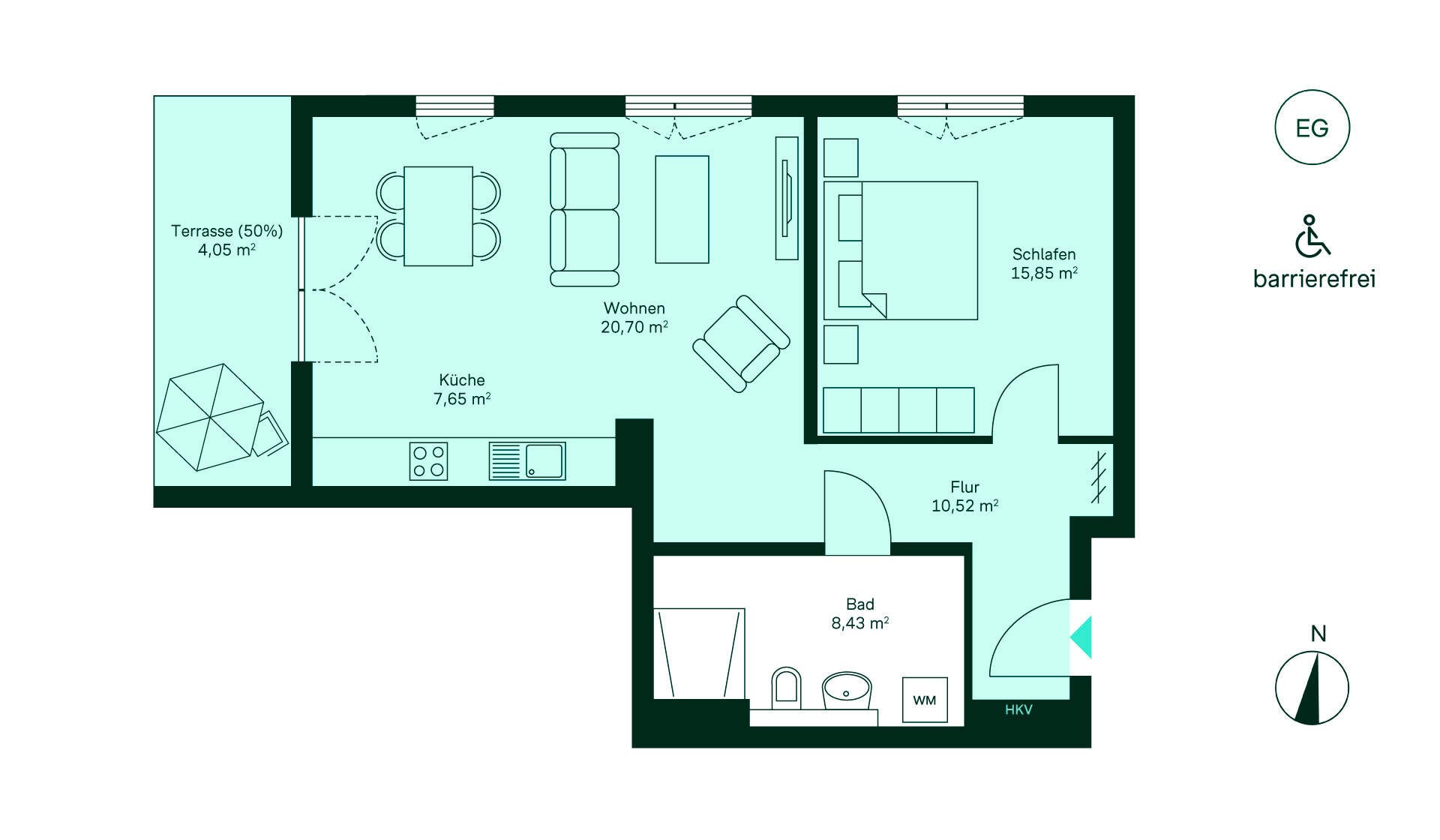Entdecken Sie Ihr neues Zuhause! Einladender Flur, moderne Küche, gemütliches Wohnzimmer, Schlafzimmer, Bad und Terrasse. Barrierefrei und optimal gestaltet.
