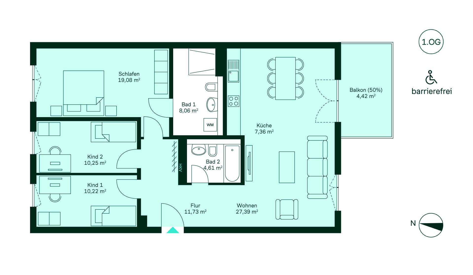 Grundriss der Eigentumswohnung Genießen Sie barrierefreies Wohnen: Flur, Küche, großes Wohnzimmer, drei Schlafzimmer, zwei Bäder, Balkon.