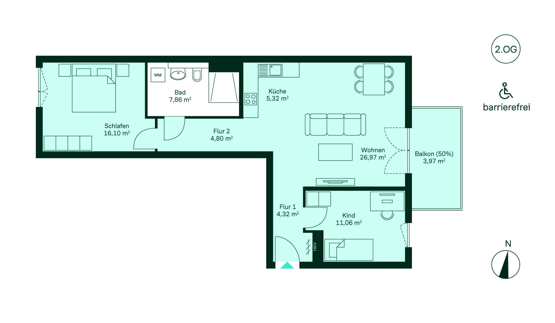 Grundriss der Eigentumswohnung Entdecken Sie Ihr neues Zuhause: Flur führt zur Küche, offenem Wohnzimmer, zwei Schlafzimmern, Bad und Balkon. Perfekt für Familien!