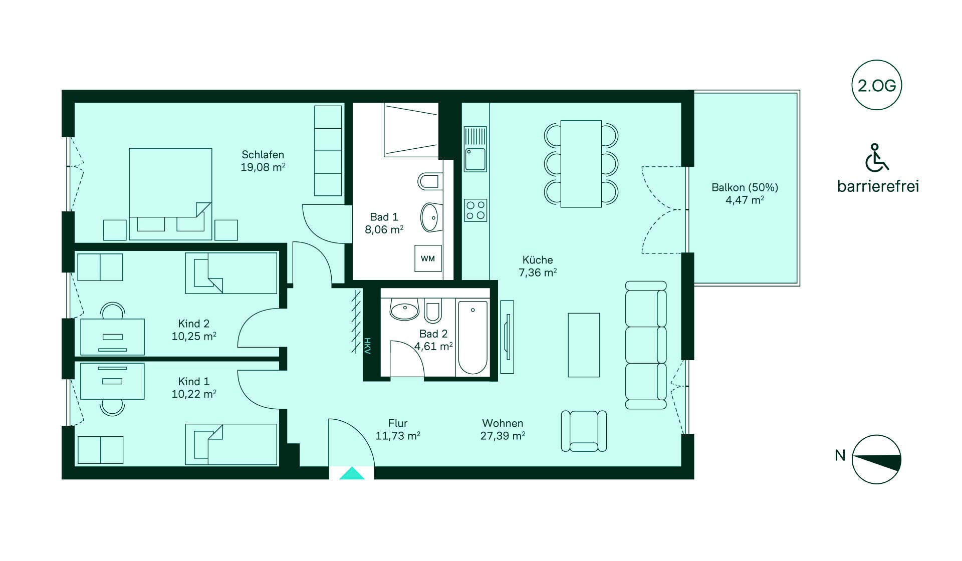 Grundriss der Eigentumswohnung Barrierefreie Wohnung im 2.OG: Flur, Küche, Wohnzimmer, 3 Schlafzimmer, 2 Bäder, Balkon. Ideal für Familien!