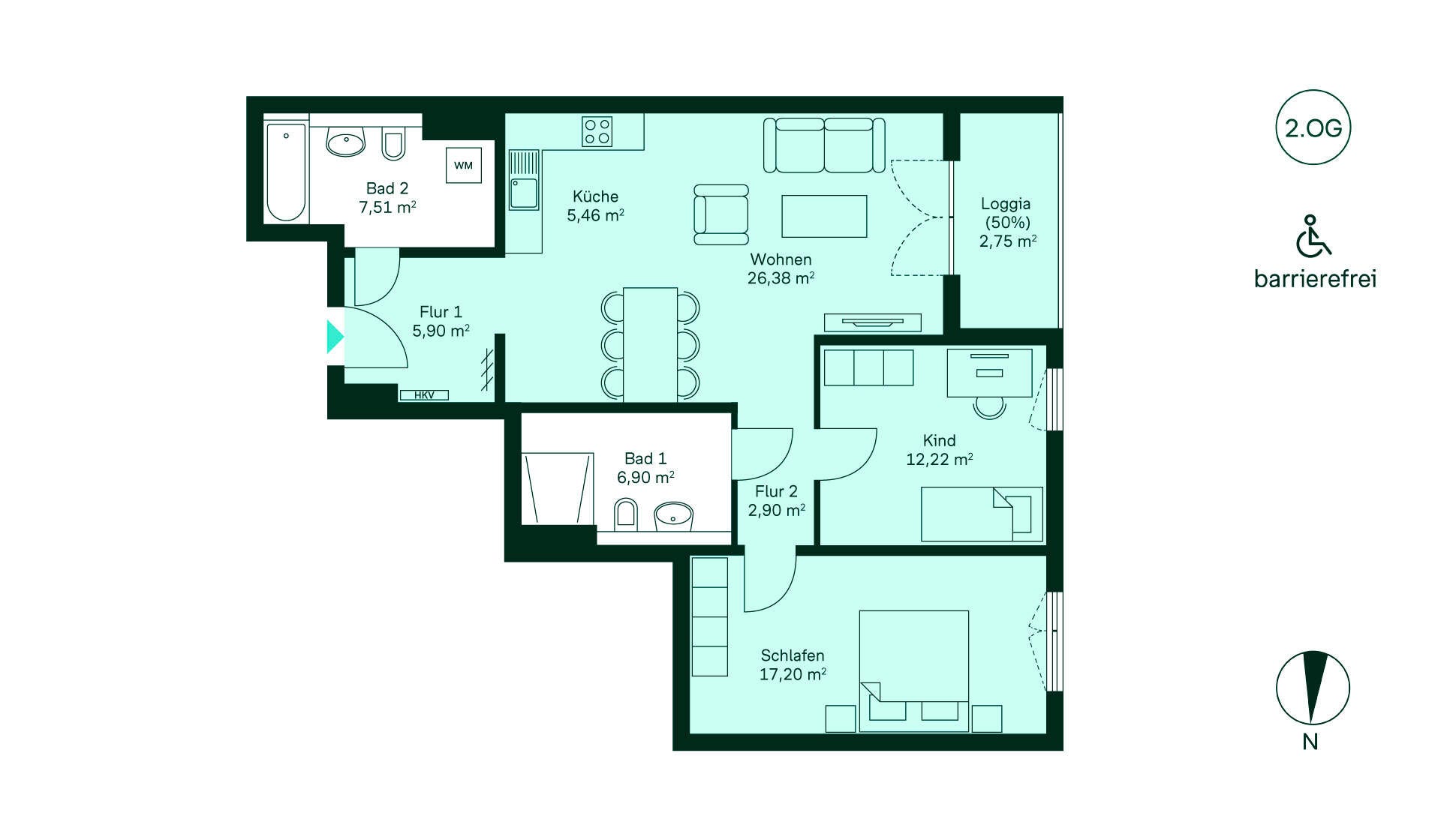 Entdecken Sie Ihr neues Zuhause: Geräumiger Flur, moderne Küche, gemütliches Wohnzimmer, Schlafzimmer, Kinderzimmer, zwei Bäder und eine Loggia zum Entspannen. Barrierefrei und komfortabel!
