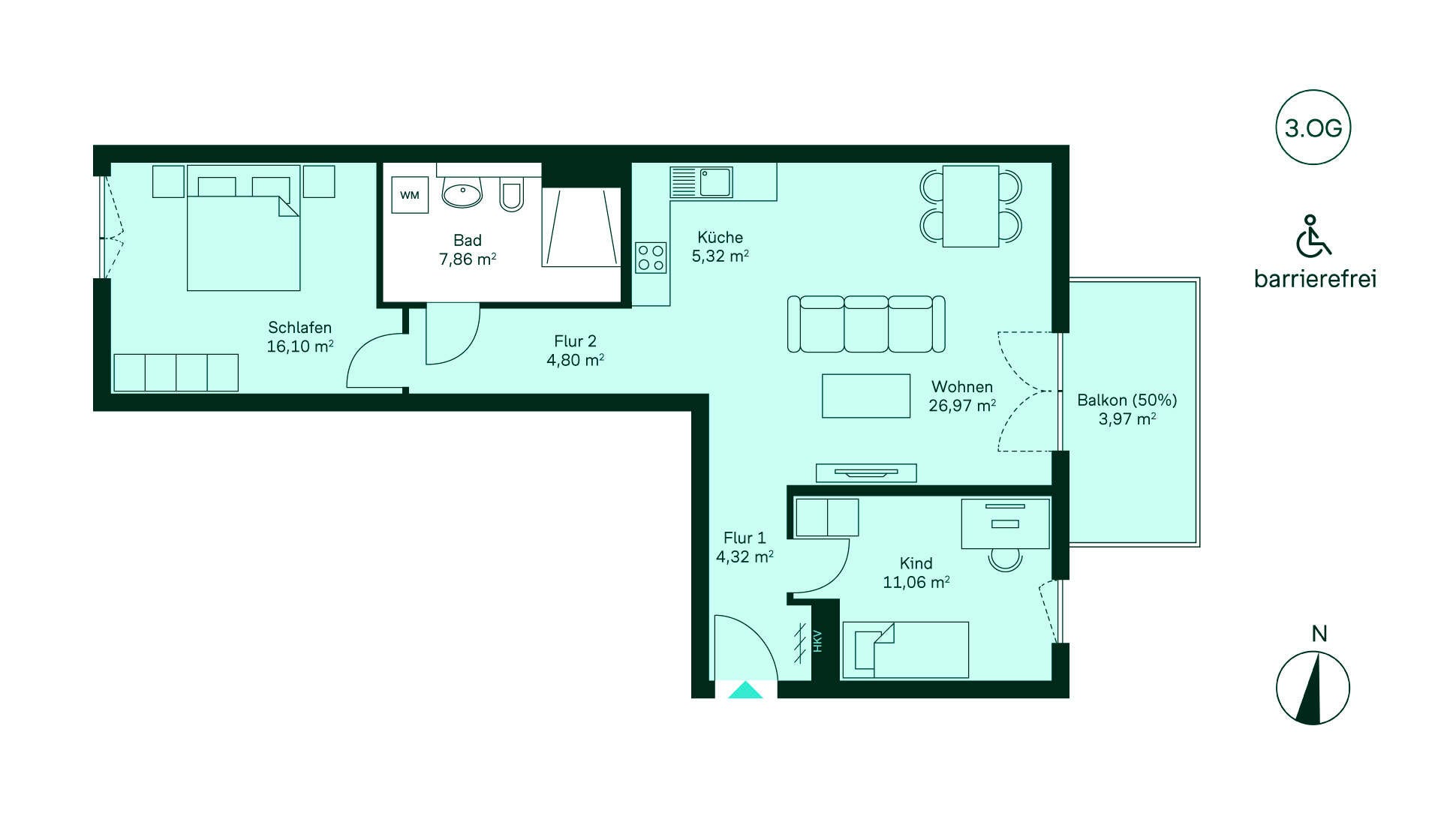 Entdecken Sie Ihr neues Zuhause! Flur führt zur offenen Küche und Wohnzimmer. Zwei Schlafzimmer, Bad und Balkon. Barrierefrei und modern!